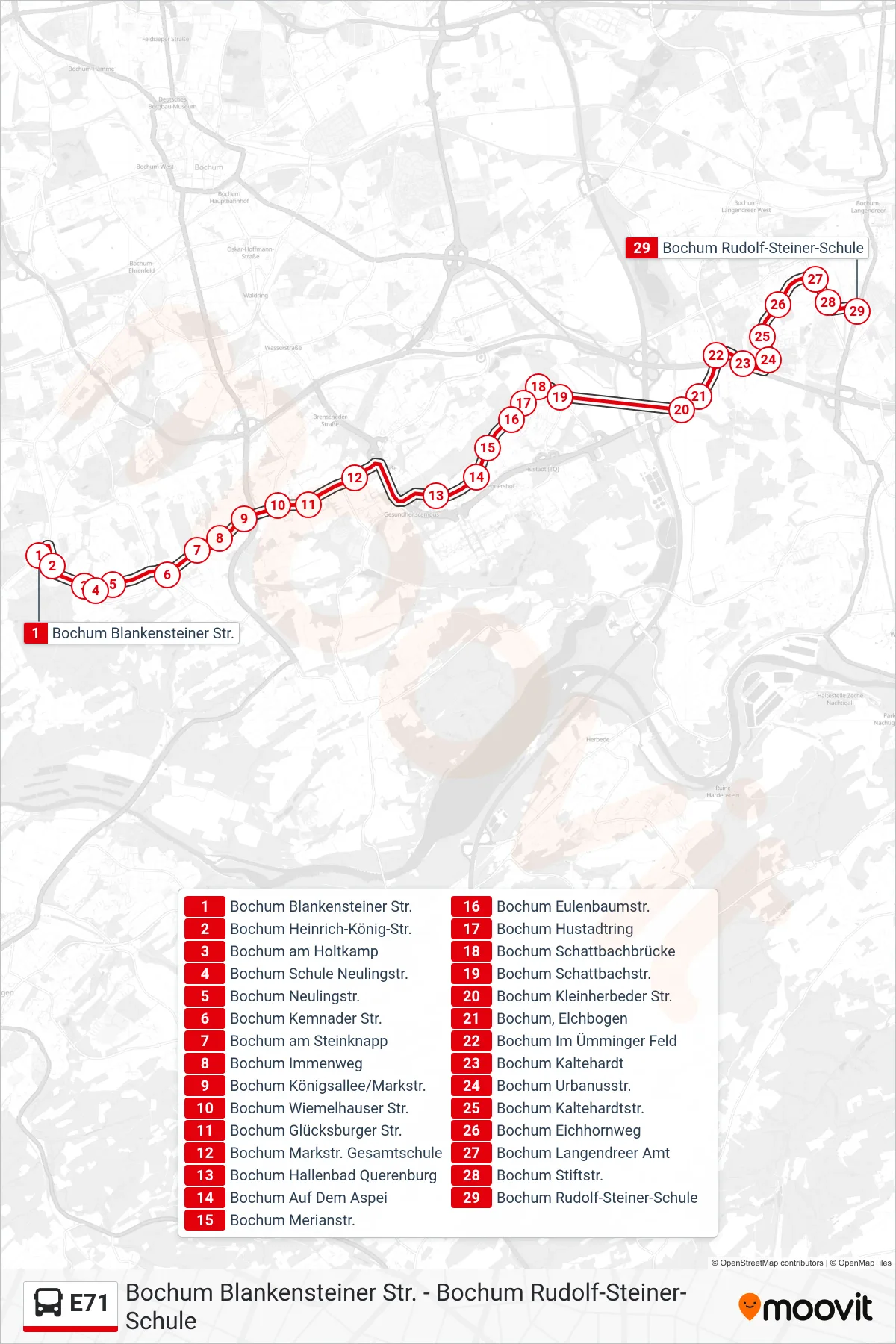 Linie E71 (Bus) Richtung Bochum Rudolf-Steiner-Schule: Route und Haltestellen auf der Karte
