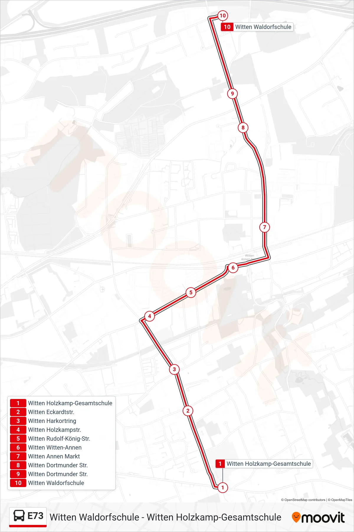 Linie E73 (Bus) Richtung Witten Waldorfschule: Route und Haltestellen auf der Karte