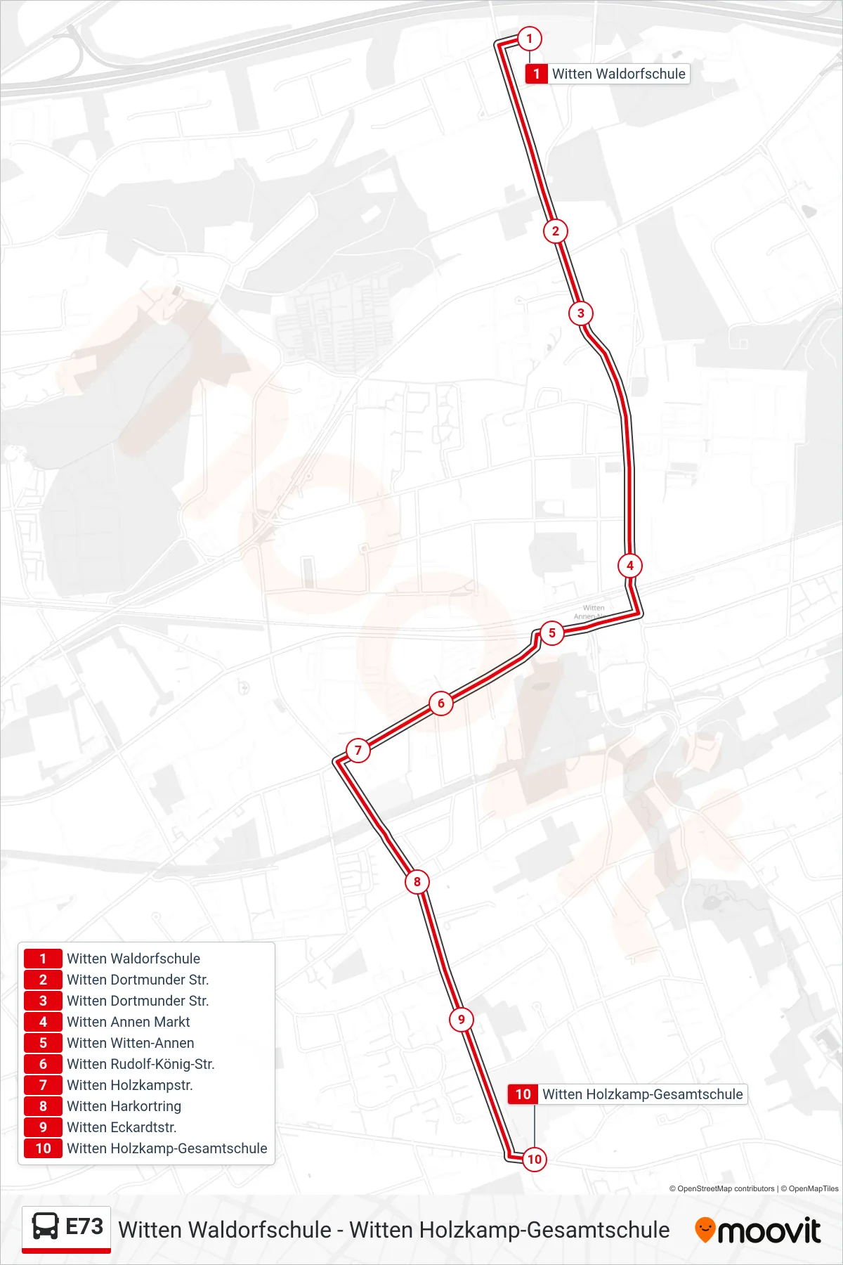 Linie E73 (Bus) Richtung Witten Holzkamp-Gesamtschule: Route und Haltestellen auf der Karte
