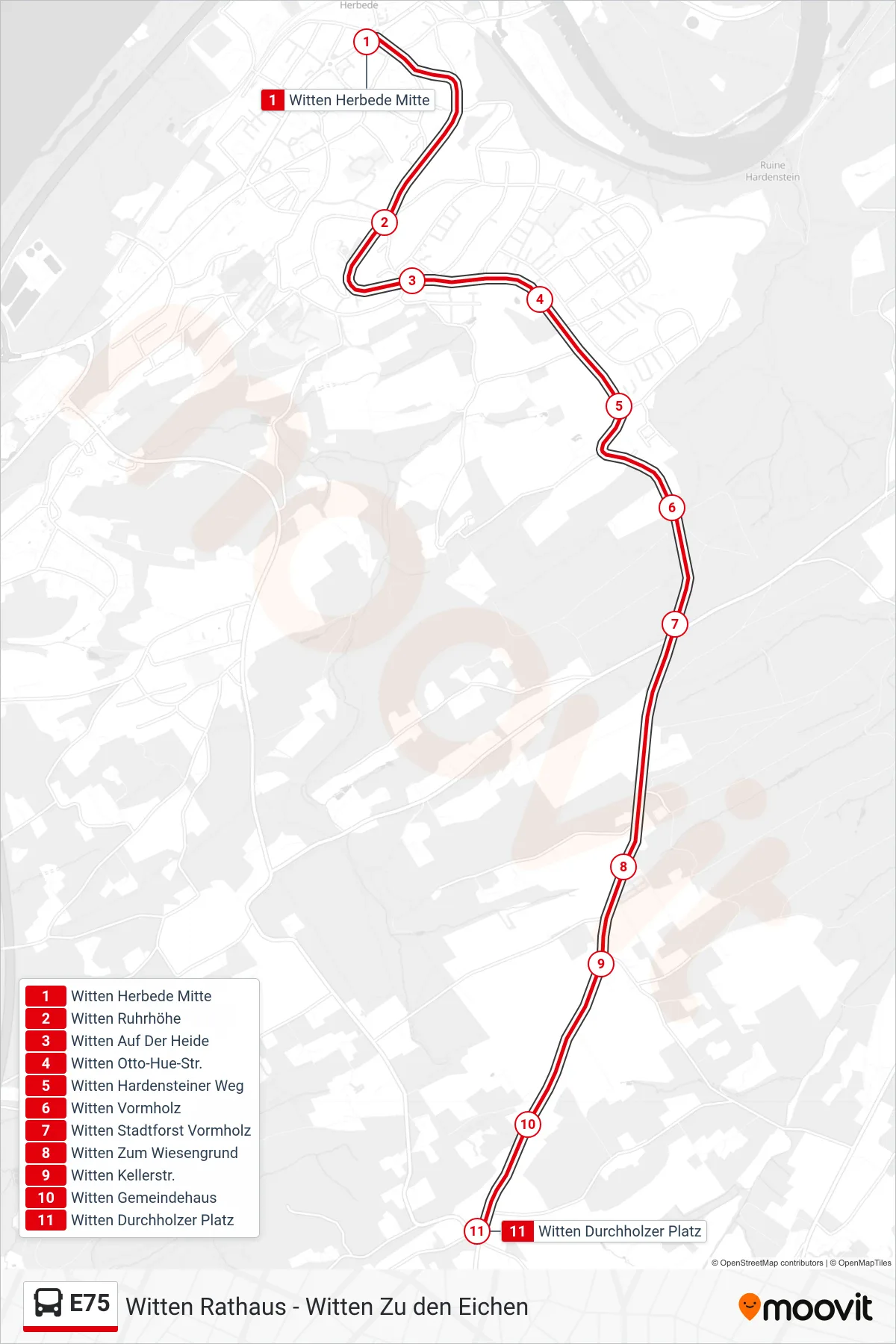Linie E75 (Bus) Richtung Witten Durchholzer Platz: Route und Haltestellen auf der Karte