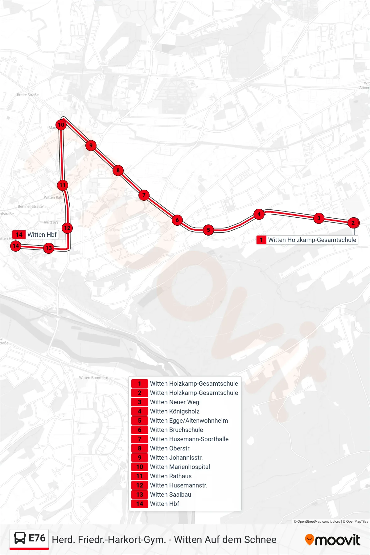Linie E76 (Bus) Richtung Witten Hbf: Route und Haltestellen auf der Karte