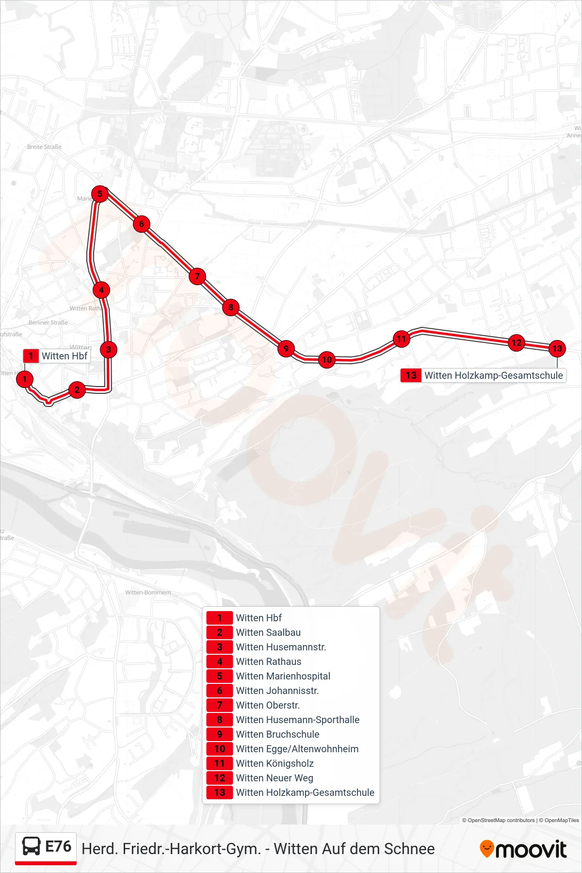 Linie E76 (Bus) Richtung Witten Holzkamp-Gesamtschule: Route und Haltestellen auf der Karte