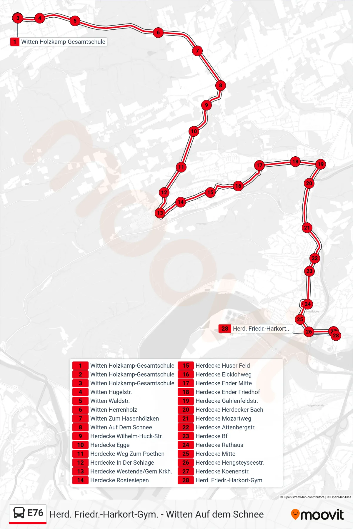 Linie E76 (Bus) Richtung Herd. Friedr.-Harkort-Gym.: Route und Haltestellen auf der Karte