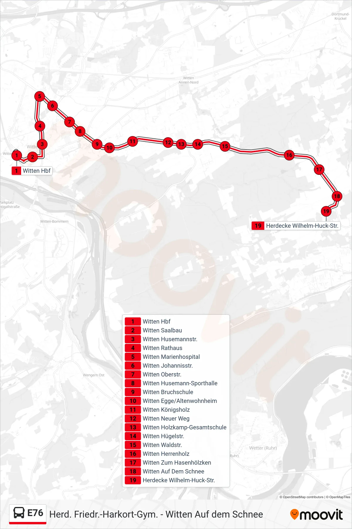 Linie E76 (Bus) Richtung Herdecke Wilhelm-Huck-Str.: Route und Haltestellen auf der Karte