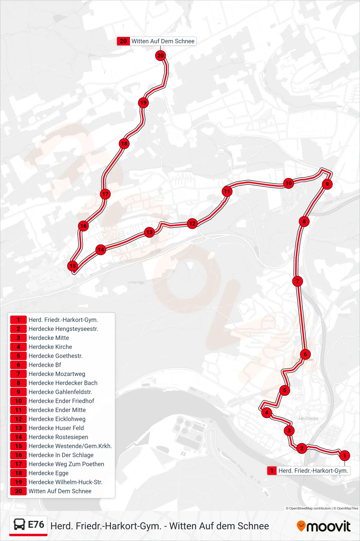 Linie E76 (Bus) Richtung Witten Auf Dem Schnee: Route und Haltestellen auf der Karte