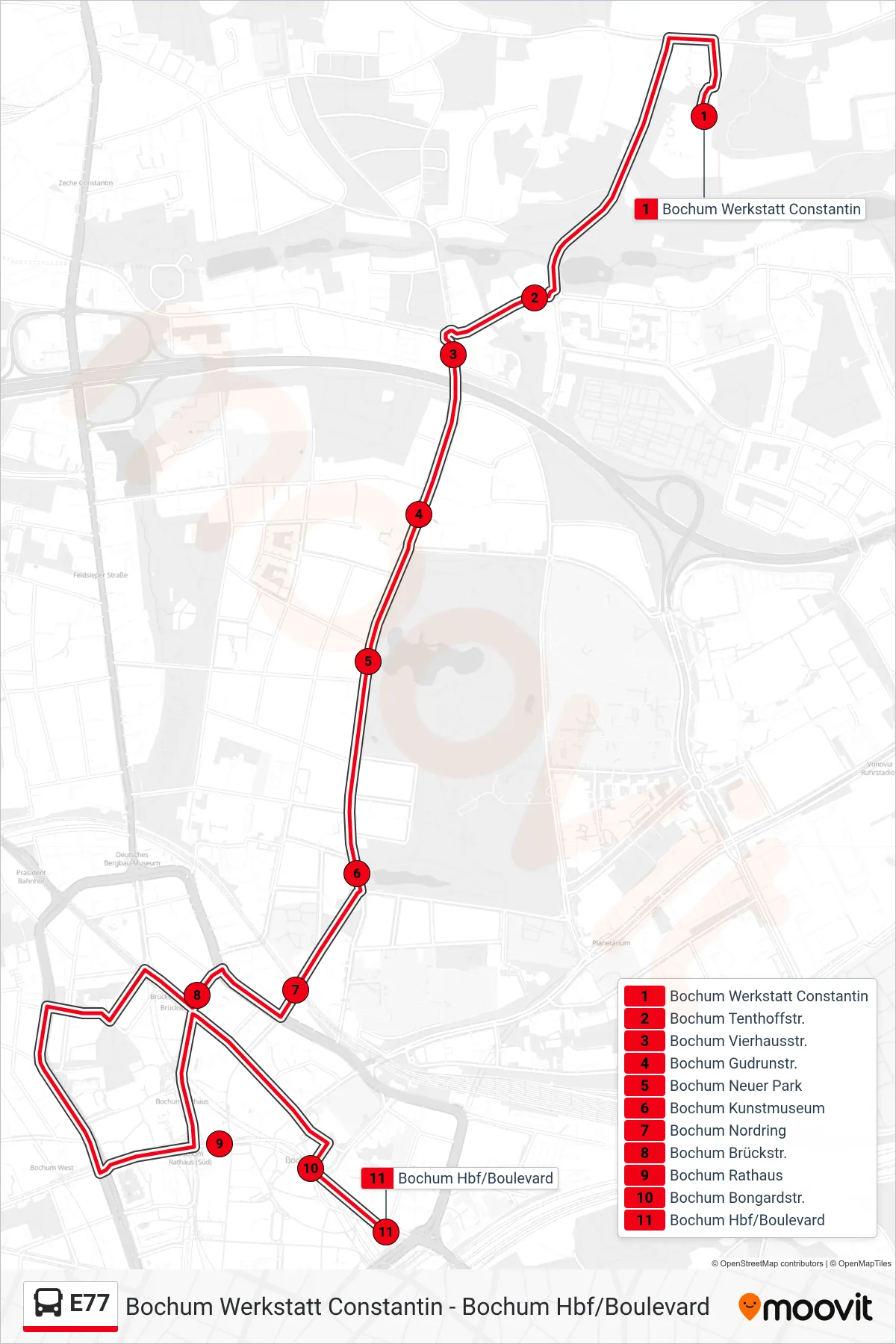 Linie E77 (Bus) Richtung Bochum Hbf/Boulevard: Route und Haltestellen auf der Karte