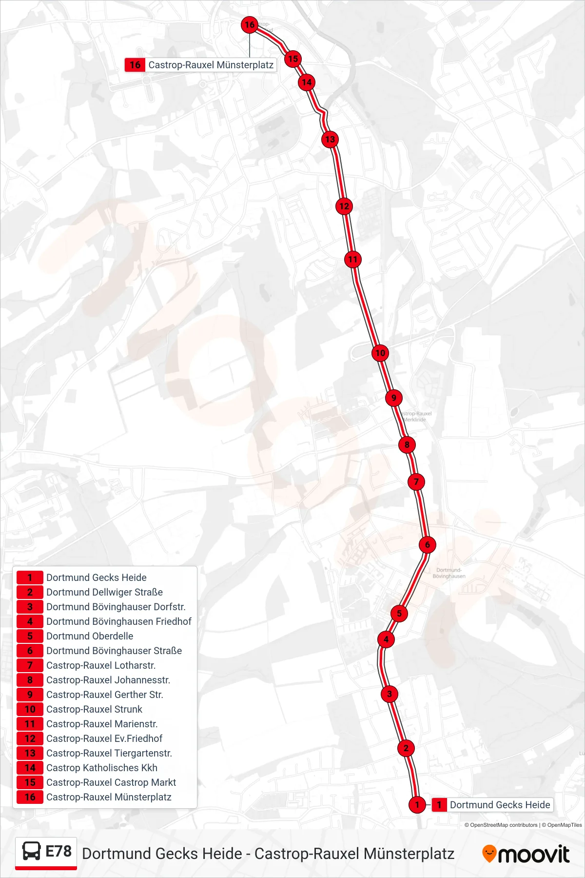 Linie E78 (Bus) Richtung Castrop-Rauxel Münsterplatz: Route und Haltestellen auf der Karte