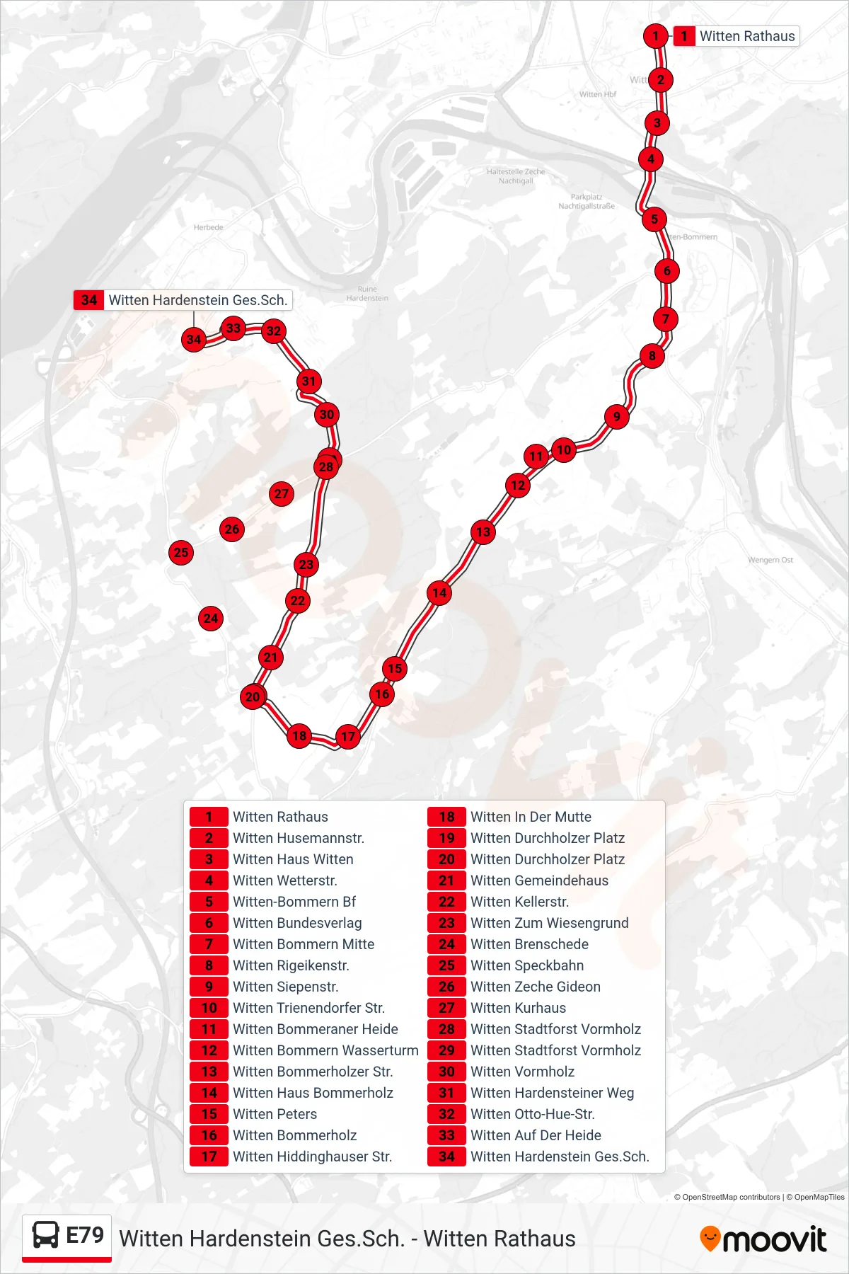 Linie E79 (Bus) Richtung Witten Hardenstein Ges.Sch.: Route und Haltestellen auf der Karte