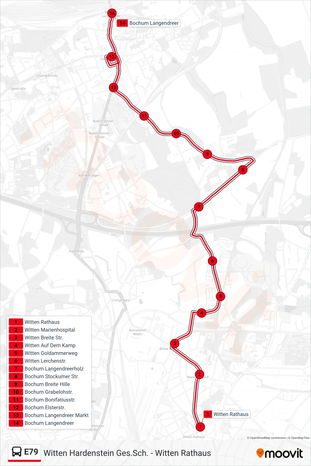 Linie E79 (Bus) Richtung Bochum Langendreer: Route und Haltestellen auf der Karte