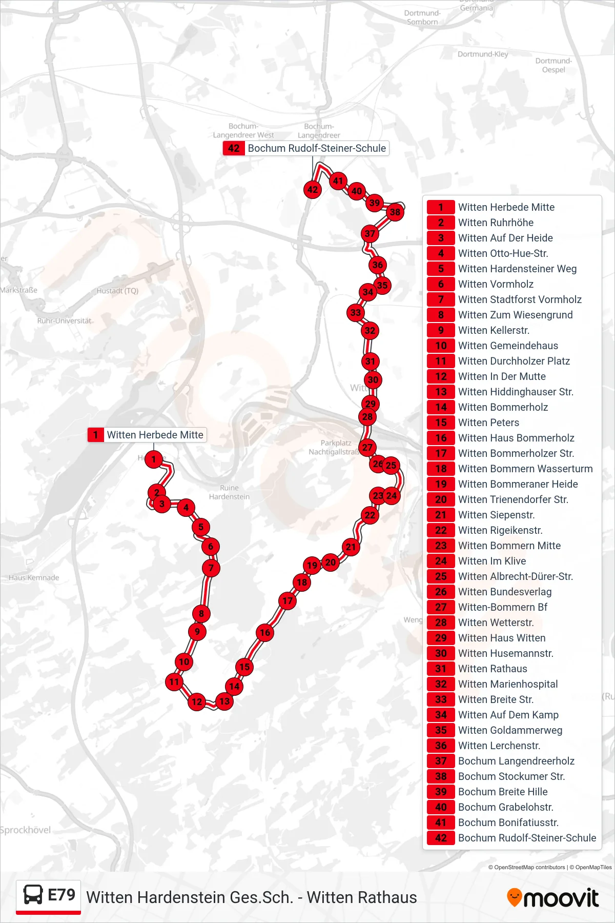 Linie E79 (Bus) Richtung Bochum Rudolf-Steiner-Schule: Route und Haltestellen auf der Karte