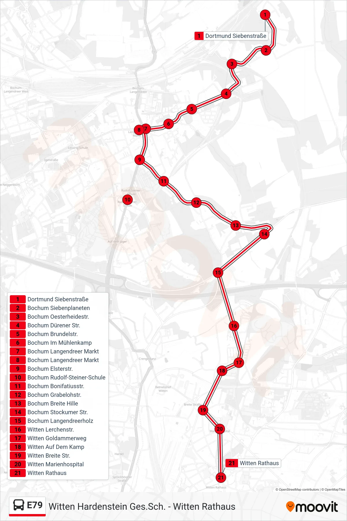 Linie E79 (Bus) Richtung Witten Rathaus: Route und Haltestellen auf der Karte