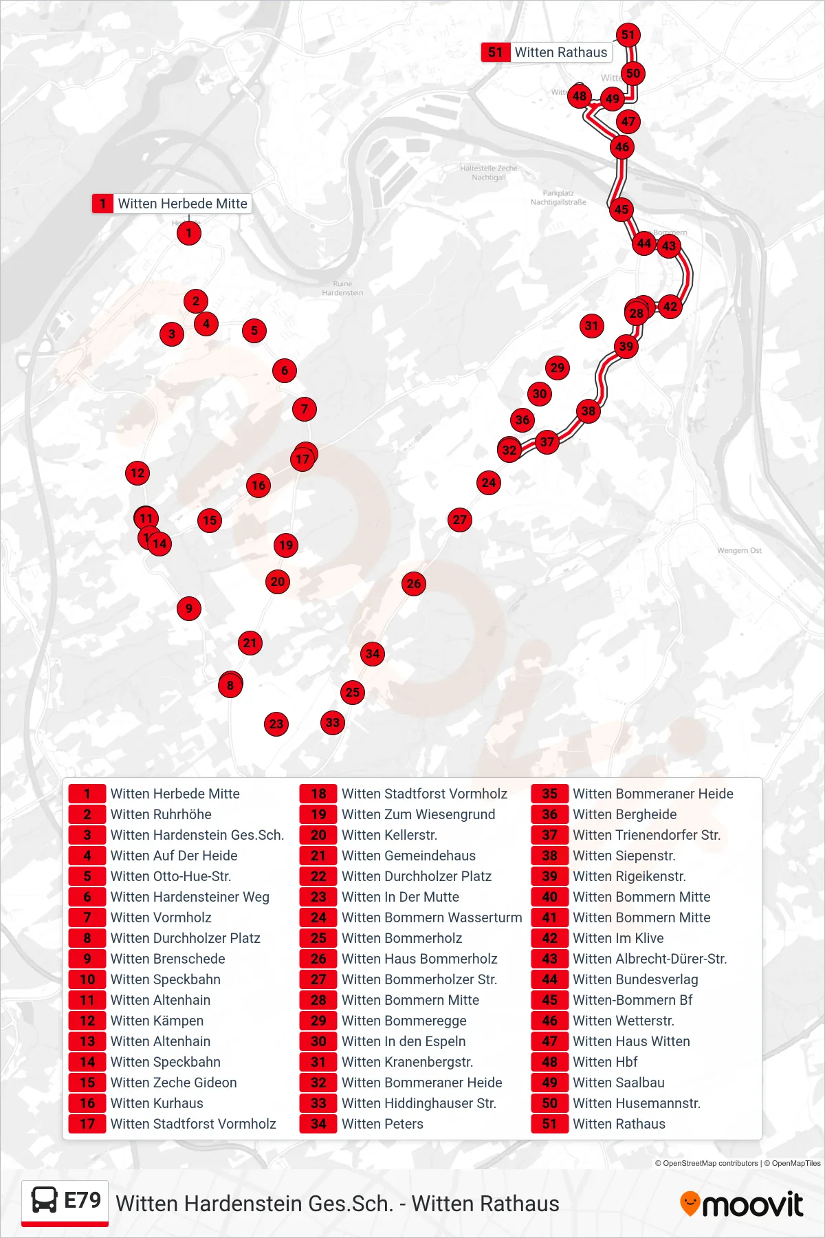 Linie E79 (Bus) Richtung Witten Rathaus: Route und Haltestellen auf der Karte