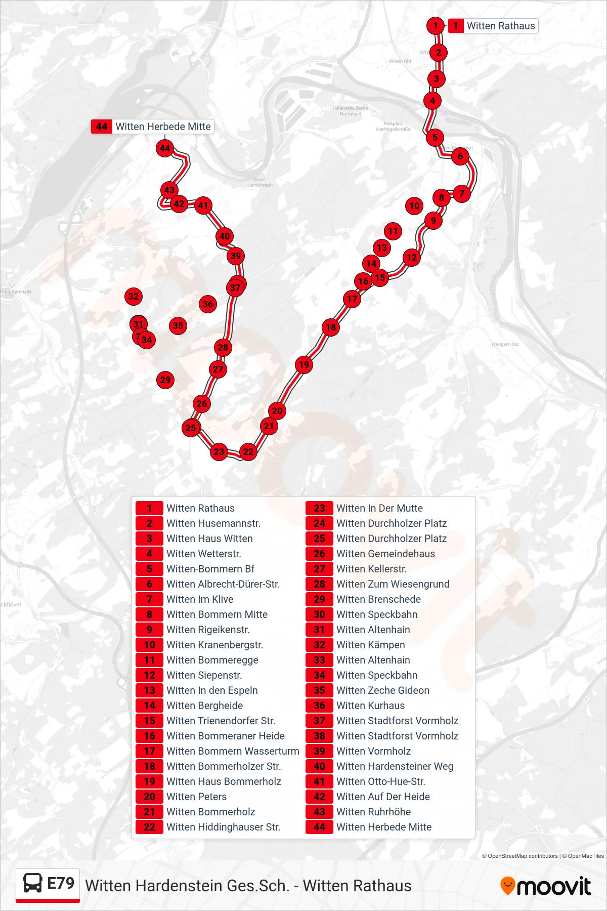 Linie E79 (Bus) Richtung Witten Herbede Mitte: Route und Haltestellen auf der Karte