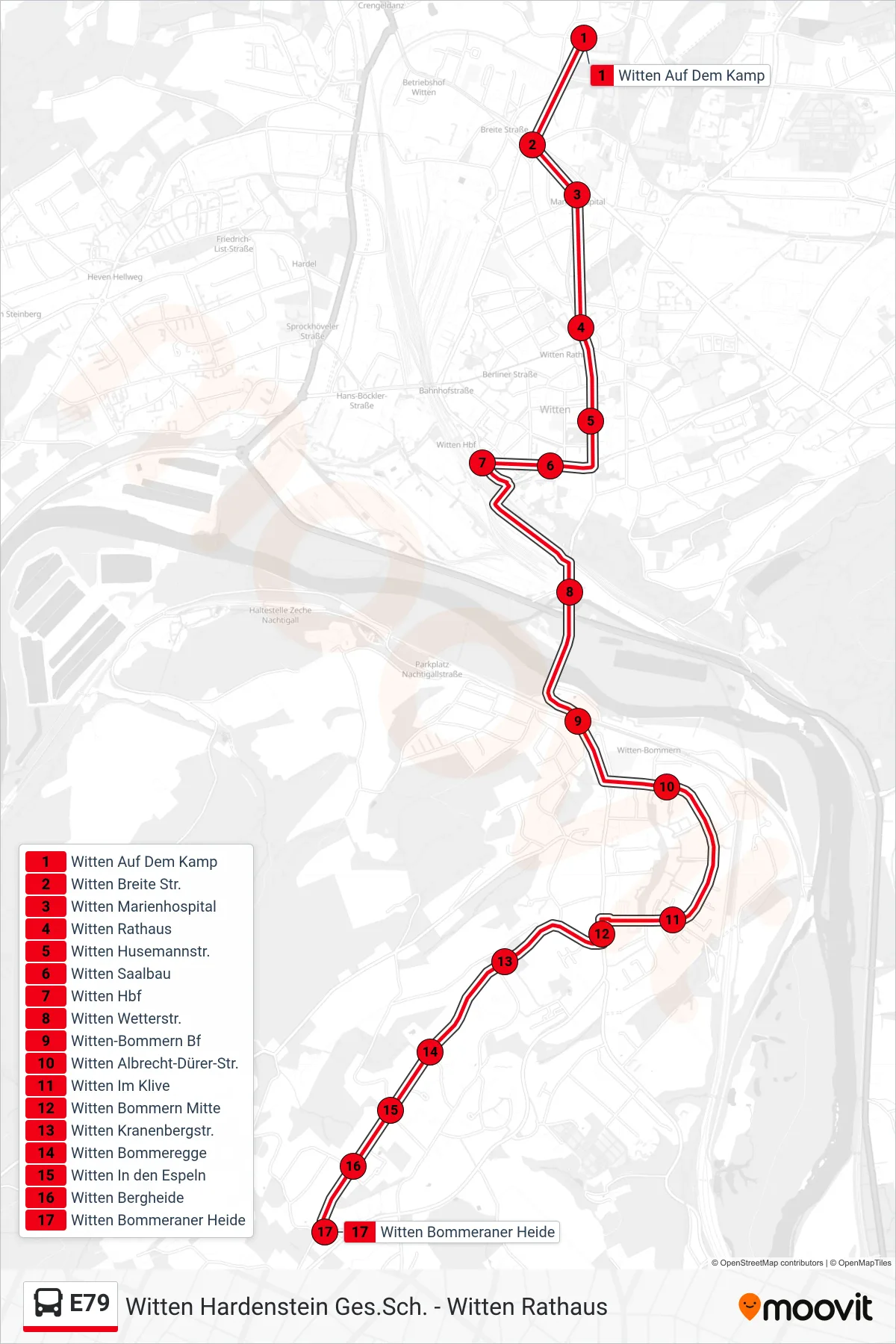 Linie E79 (Bus) Richtung Witten Bommeraner Heide: Route und Haltestellen auf der Karte