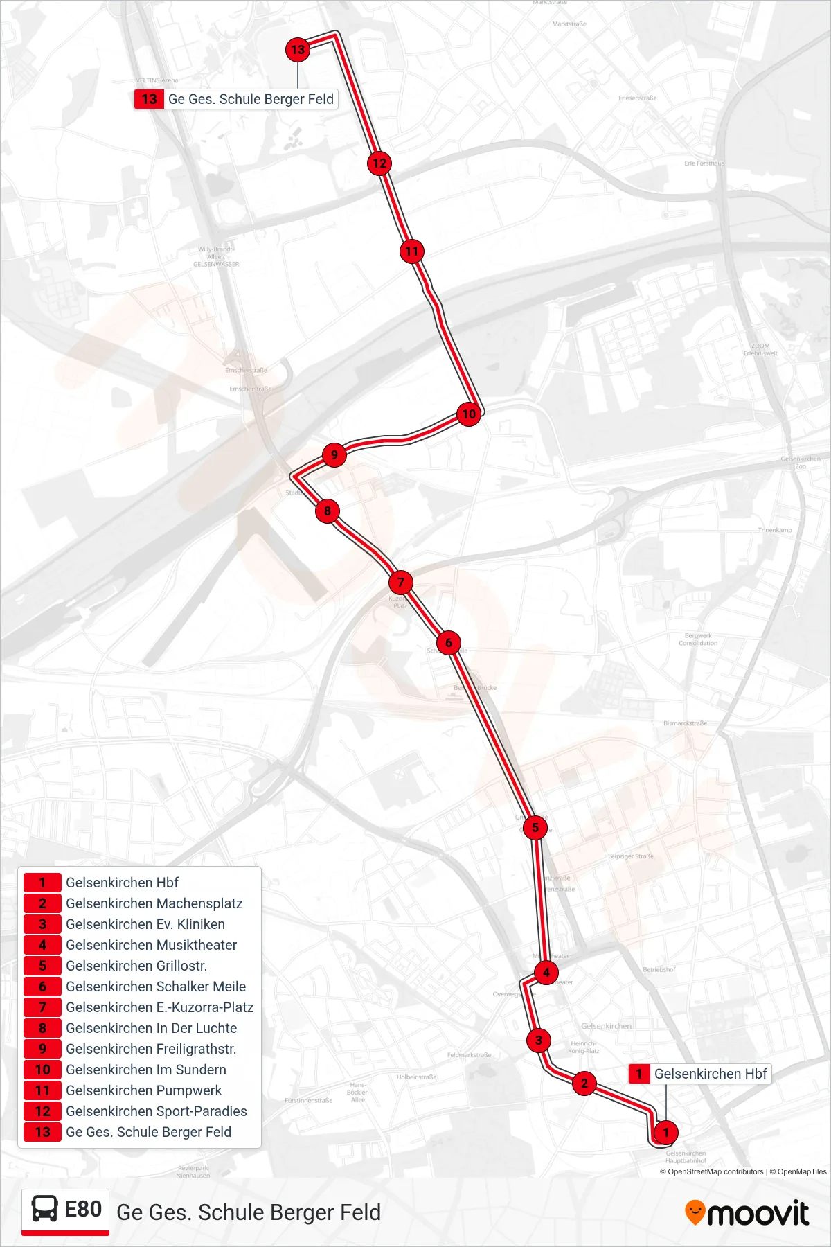 Linie E80 (Bus) Richtung Ge Ges. Schule Berger Feld: Route und Haltestellen auf der Karte