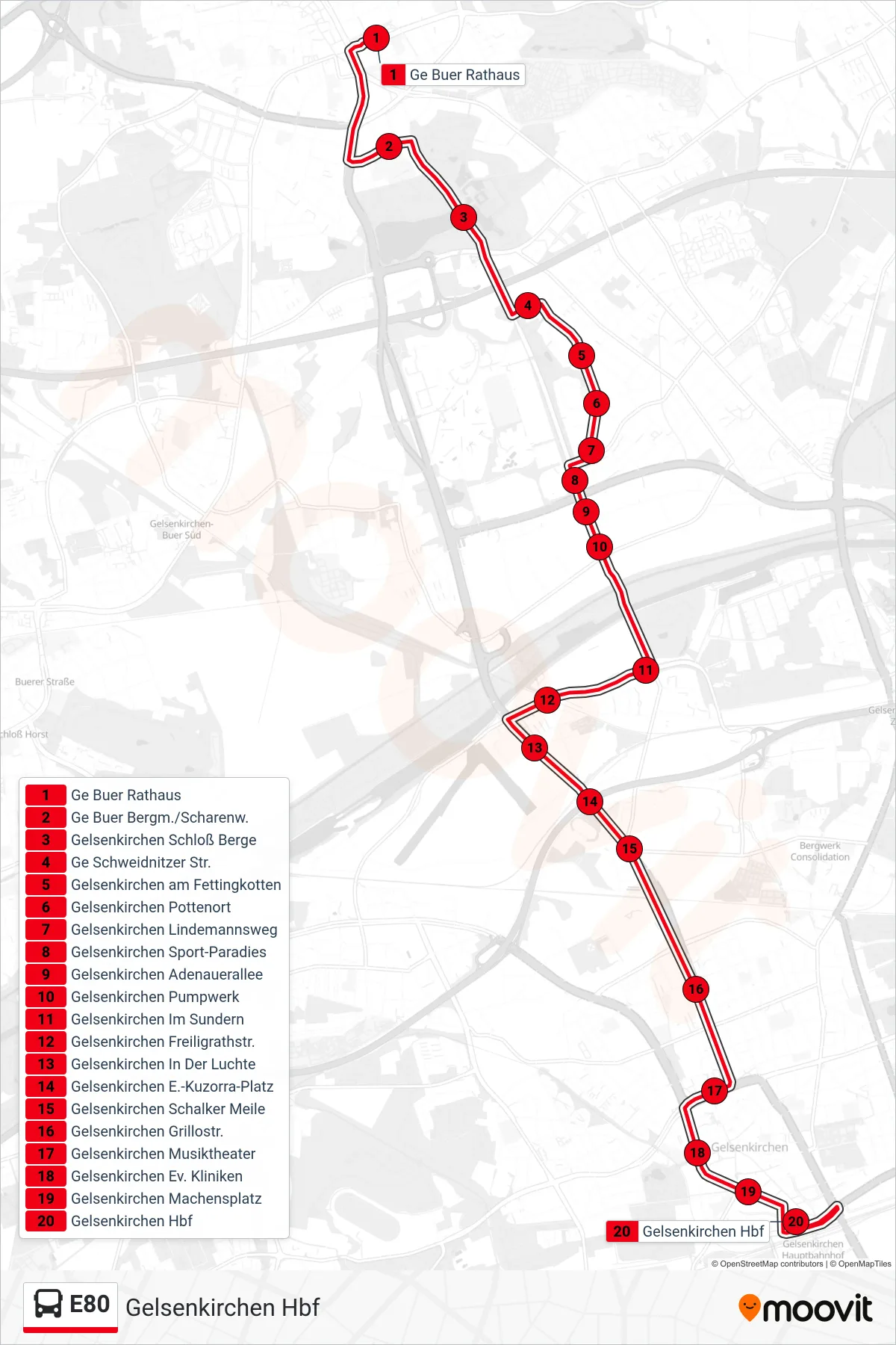 Linie E80 (Bus) Richtung Gelsenkirchen Hbf: Route und Haltestellen auf der Karte