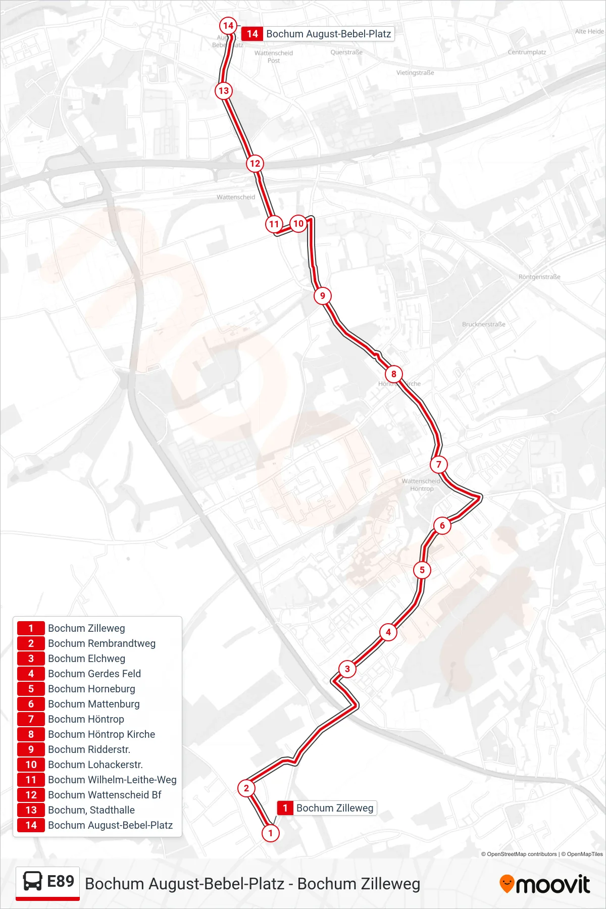 E89 bus Line (Bochum August-Bebel-Platz) route and stops on a map