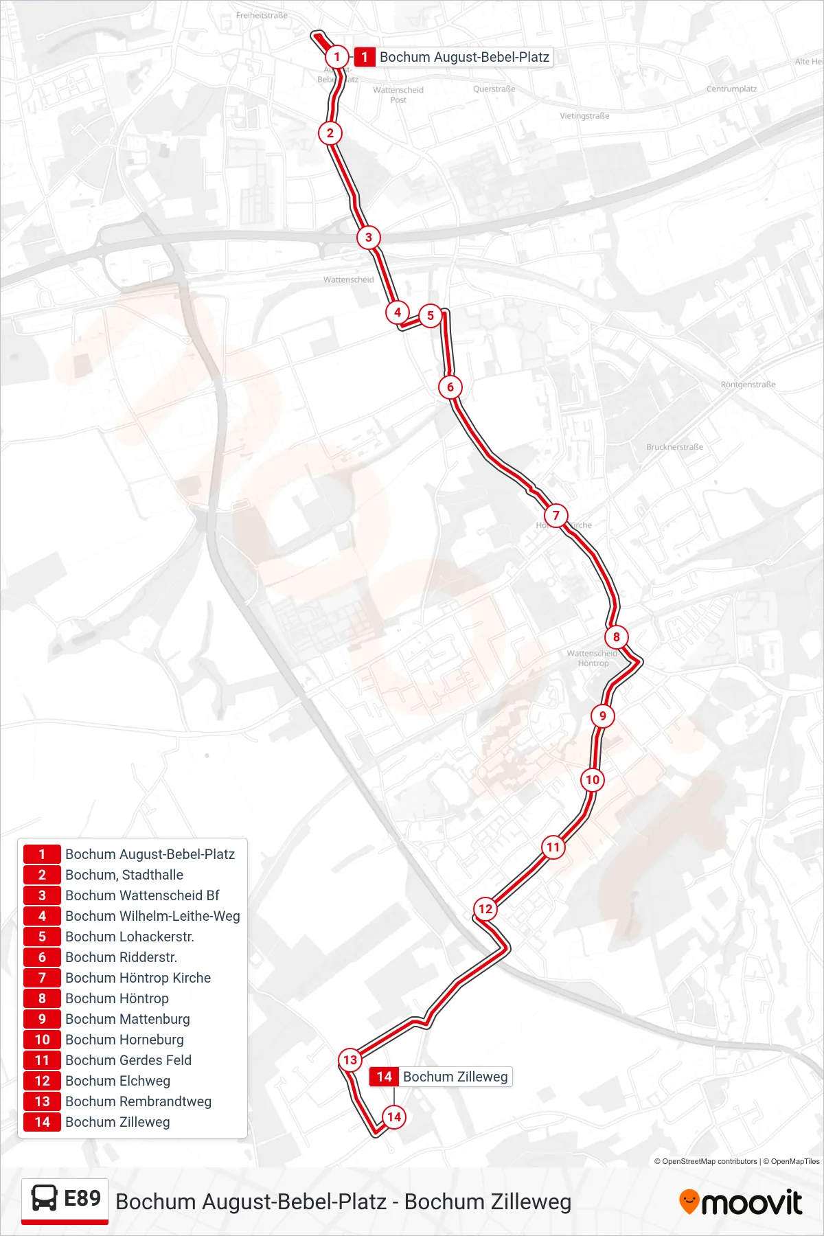Linie E89 (Bus) Richtung Bochum Zilleweg: Route und Haltestellen auf der Karte