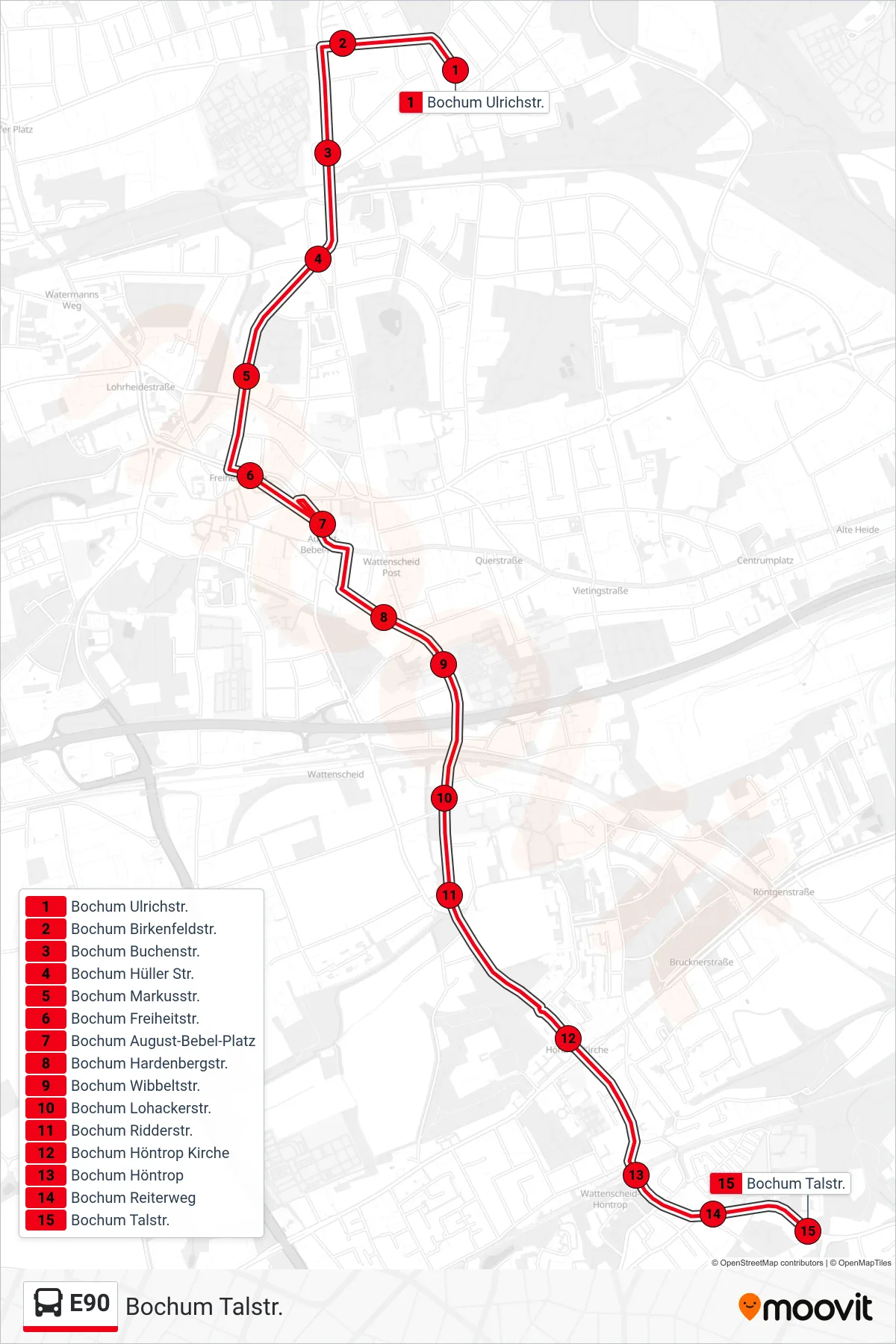 Linie E90 (Bus) Richtung Bochum Talstr.: Route und Haltestellen auf der Karte