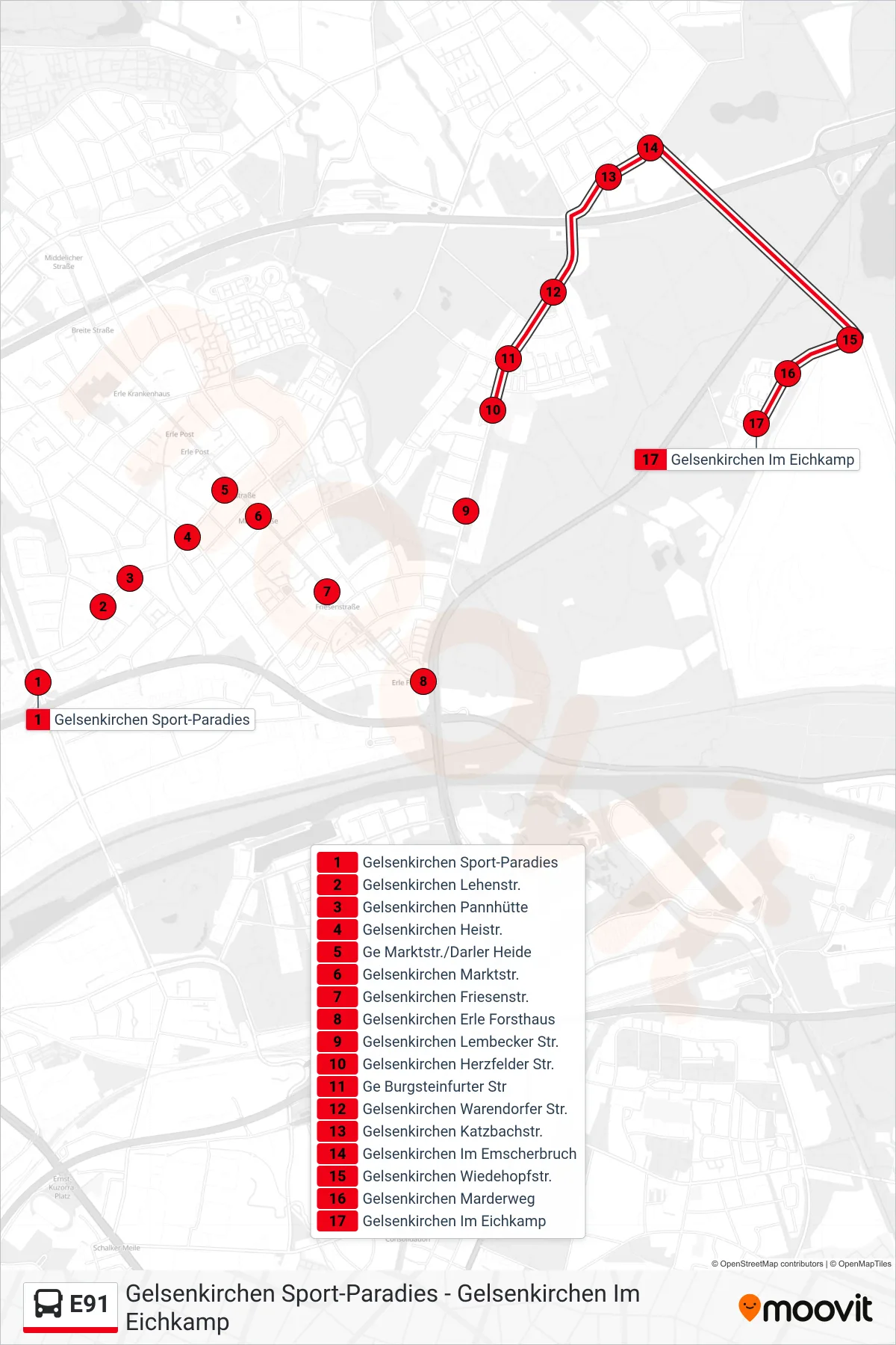 Linie E91 (Bus) Richtung Gelsenkirchen Im Eichkamp: Route und Haltestellen auf der Karte