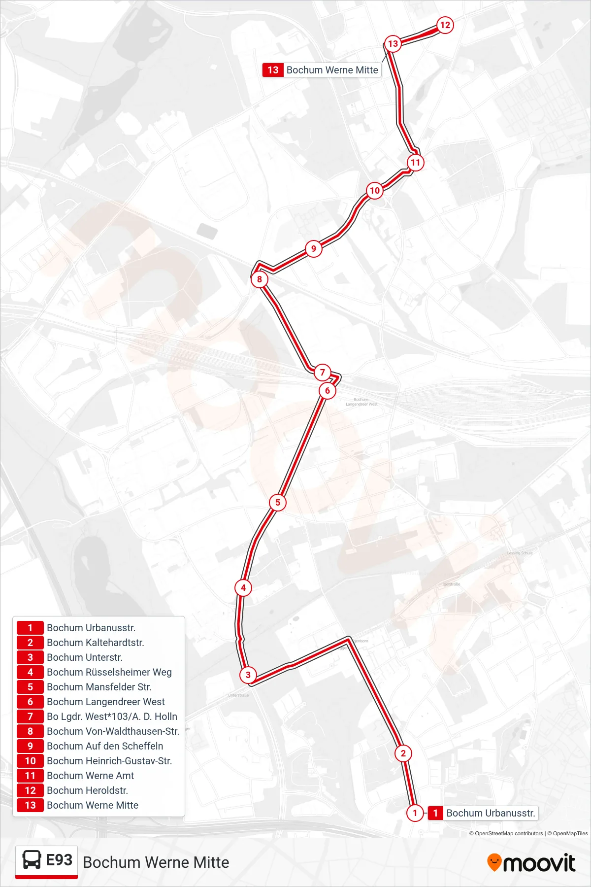 Linie E93 (Bus) Richtung Bochum Werne Mitte: Route und Haltestellen auf der Karte