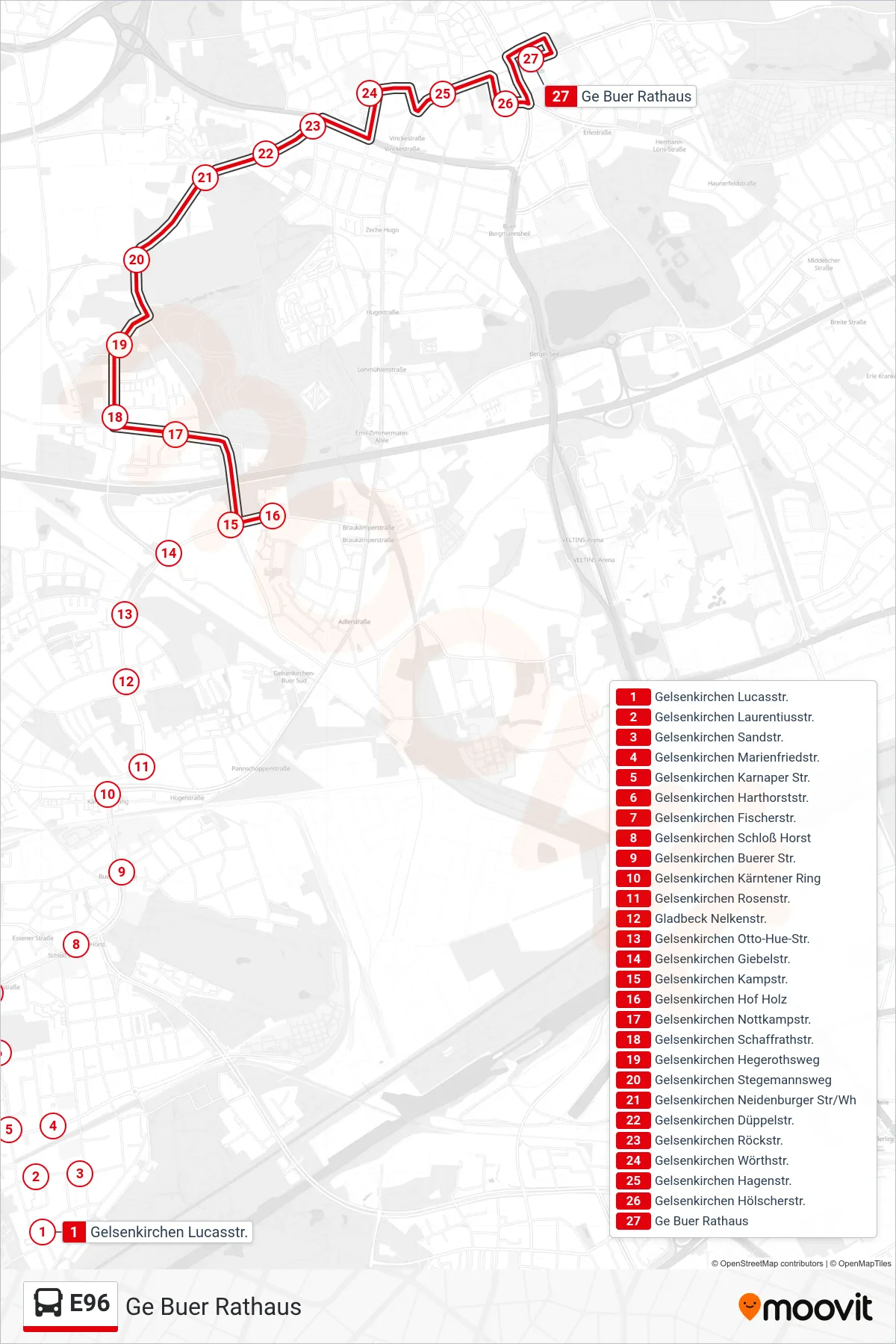 Linie E96 (Bus) Richtung Ge Buer Rathaus: Route und Haltestellen auf der Karte