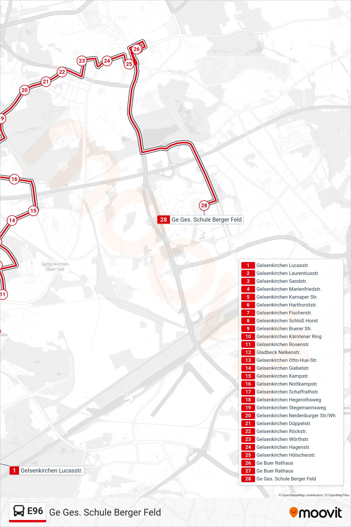 Linie E96 (Bus) Richtung Ge Ges. Schule Berger Feld: Route und Haltestellen auf der Karte