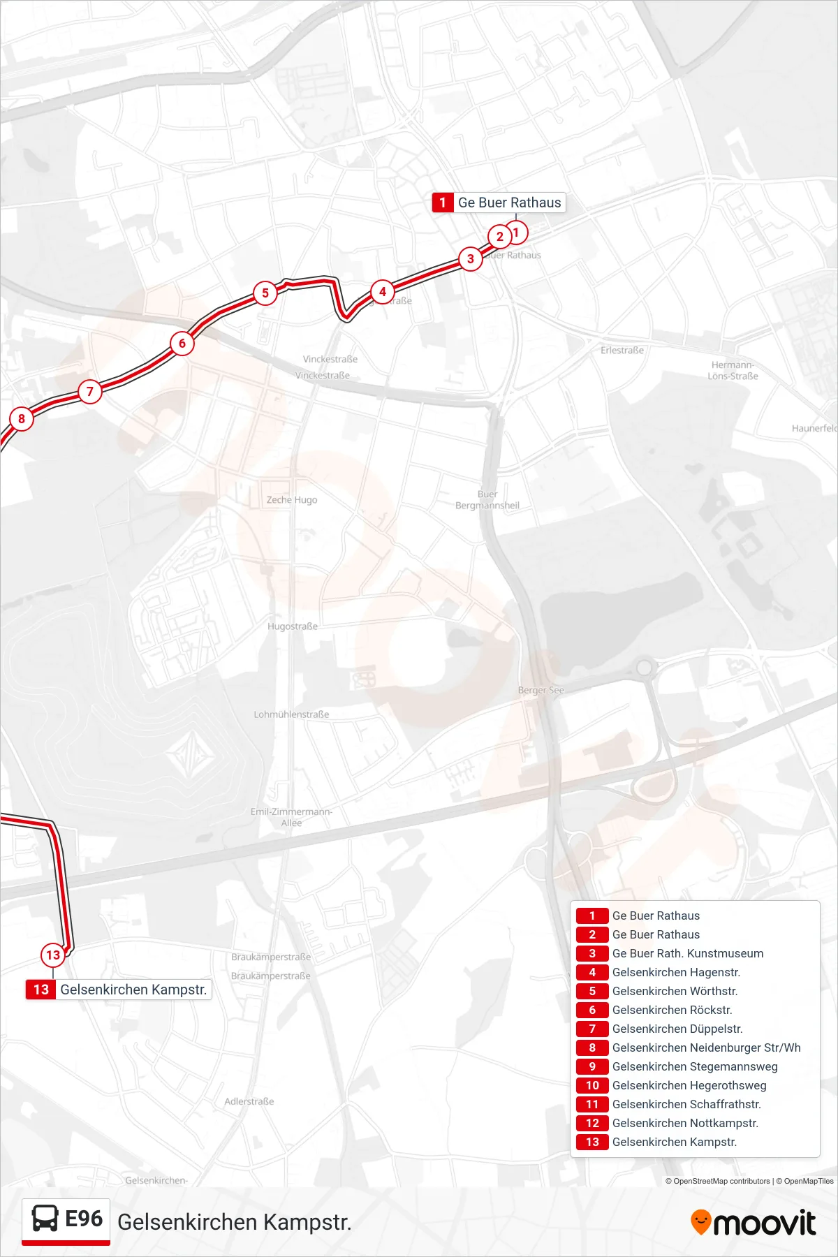 E96 bus Line (Gelsenkirchen Kampstr.) route and stops on a map