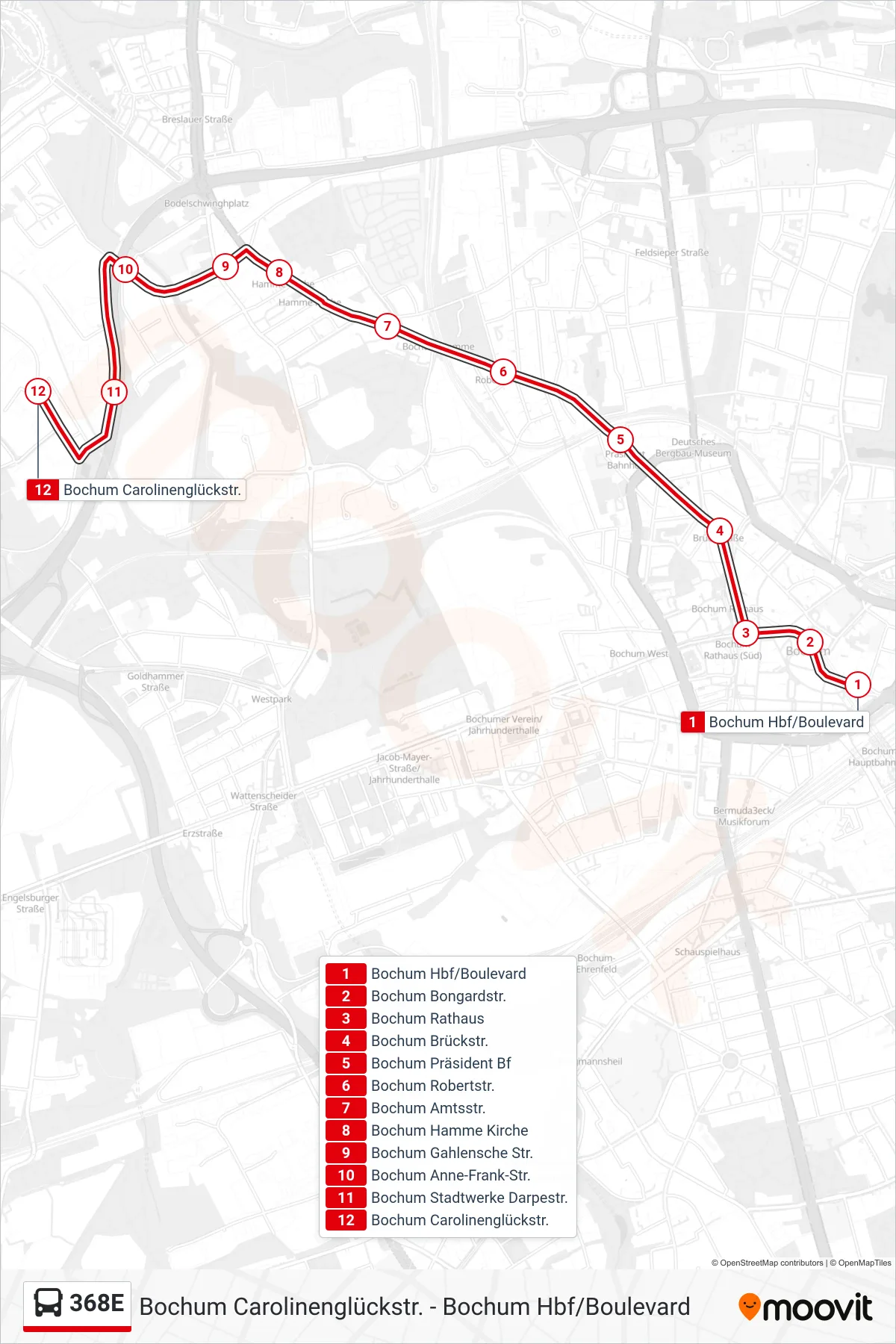 Linie 368E (Bus) Richtung Bochum Carolinenglückstr.: Route und Haltestellen auf der Karte