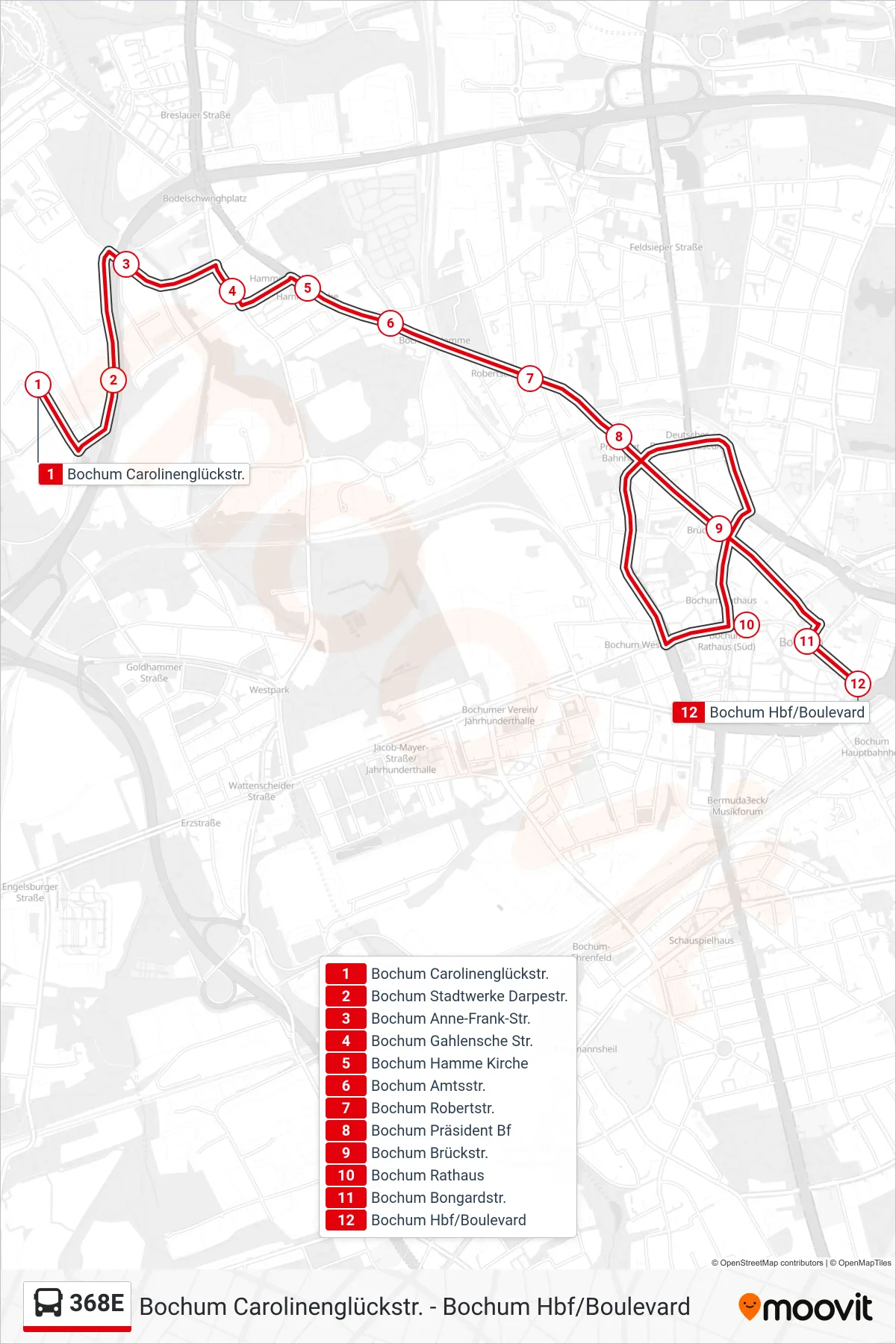 368E bus Line (Bochum Hbf/Boulevard) route and stops on a map