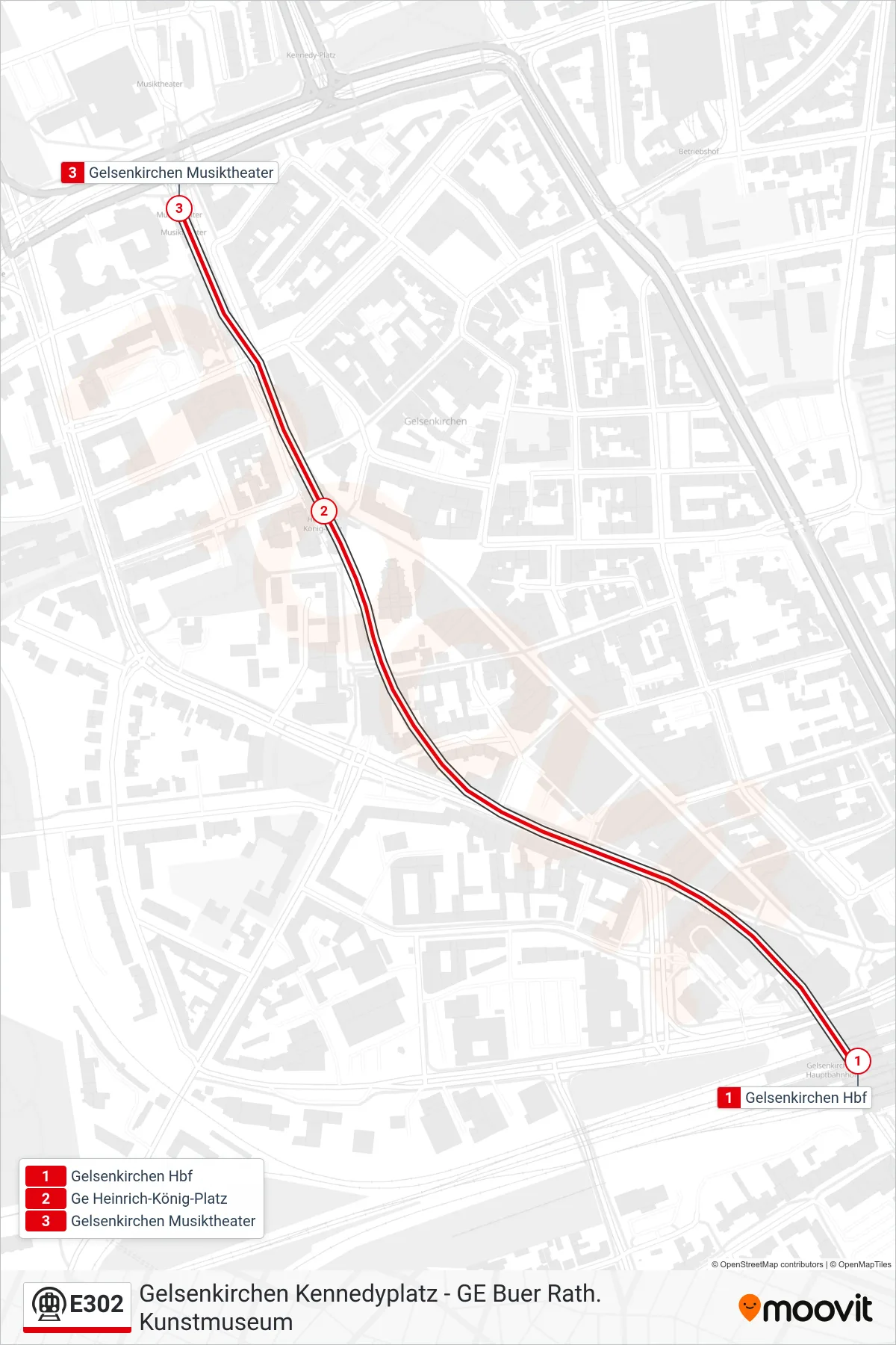 Linie E302 (U-Bahn) Richtung Gelsenkirchen Musiktheater: Route und Haltestellen auf der Karte