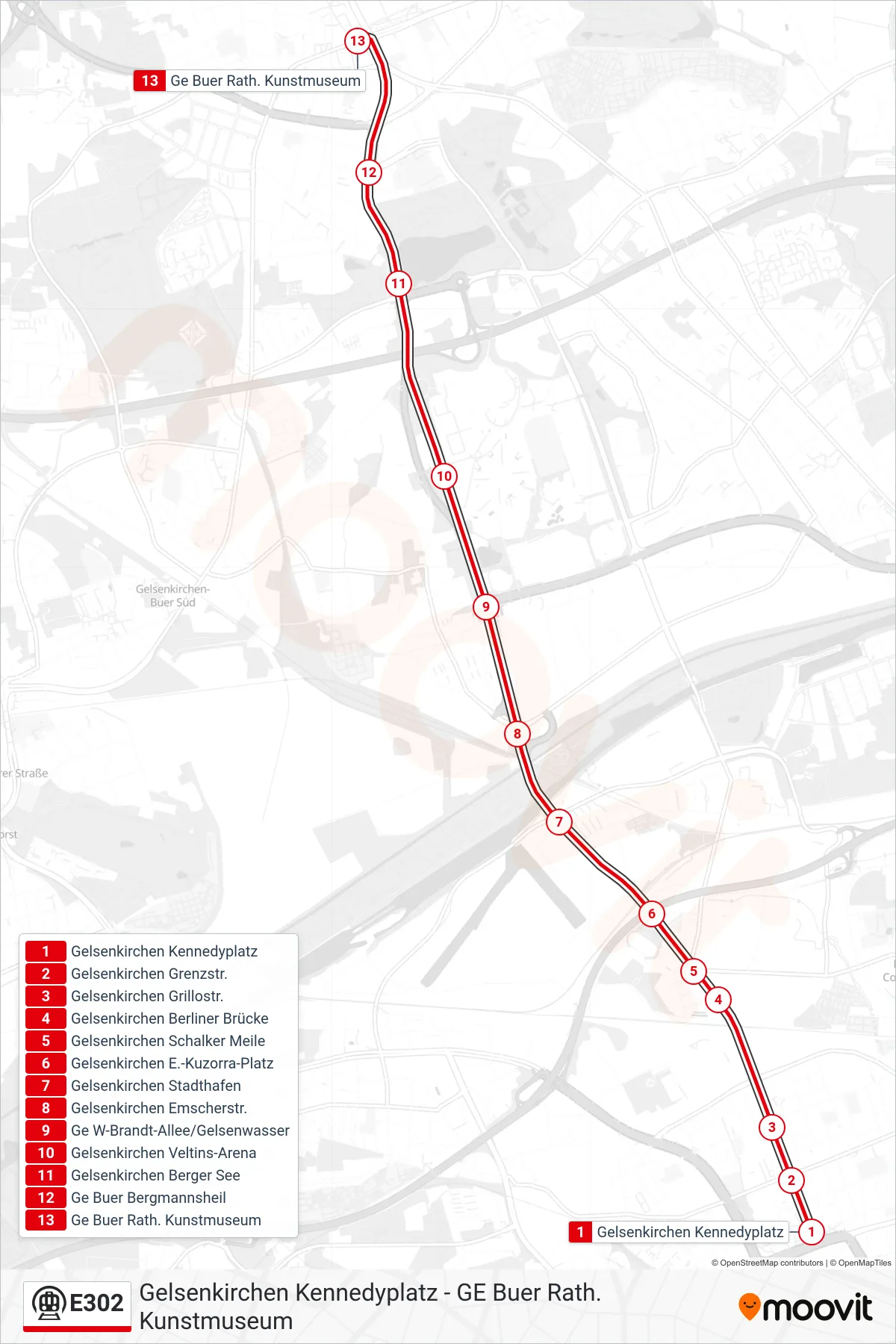 Linie E302 (U-Bahn) Richtung Ge Buer Rath. Kunstmuseum: Route und Haltestellen auf der Karte