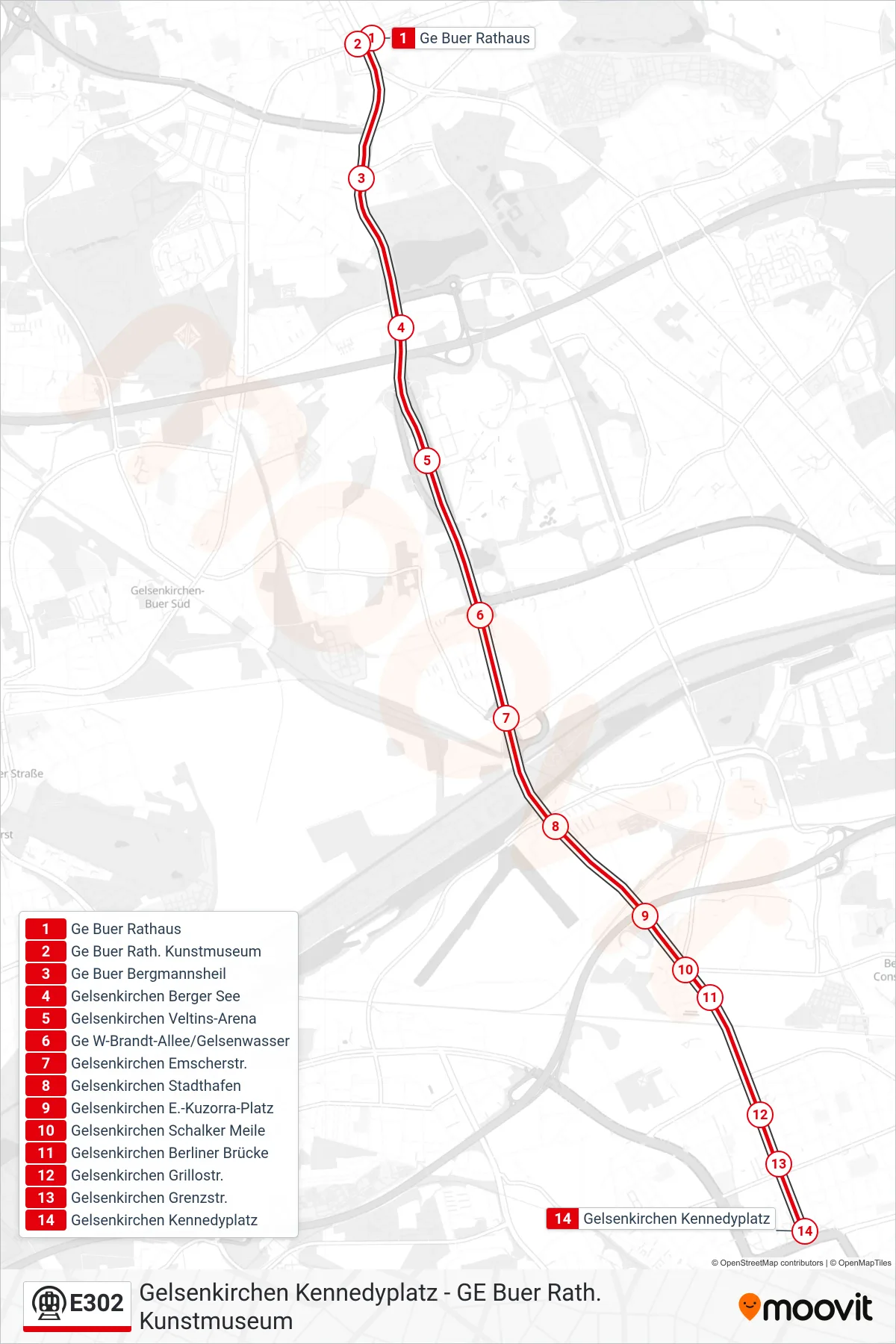 Linie E302 (U-Bahn) Richtung Gelsenkirchen Kennedyplatz: Route und Haltestellen auf der Karte