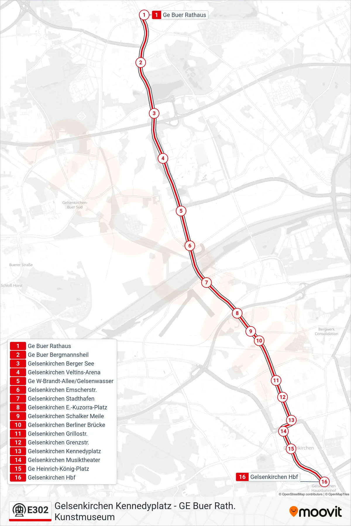 Linie E302 (U-Bahn) Richtung Gelsenkirchen Hbf: Route und Haltestellen auf der Karte