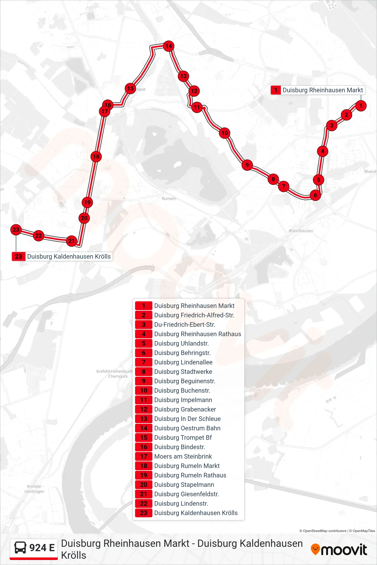 Linie 924 E (Bus) Richtung Duisburg Kaldenhausen Krölls: Route und Haltestellen auf der Karte