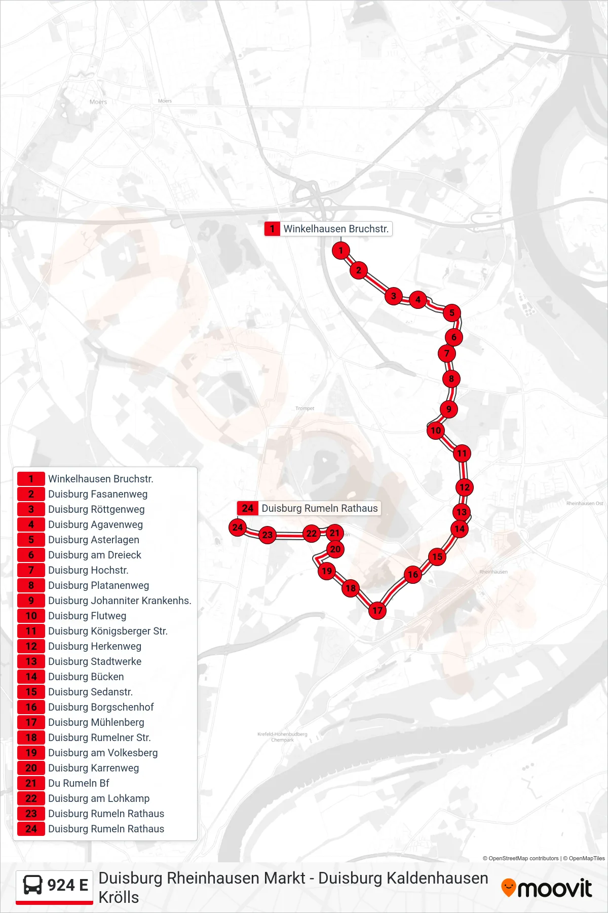 924 E bus Line (Duisburg Rumeln Rathaus) route and stops on a map