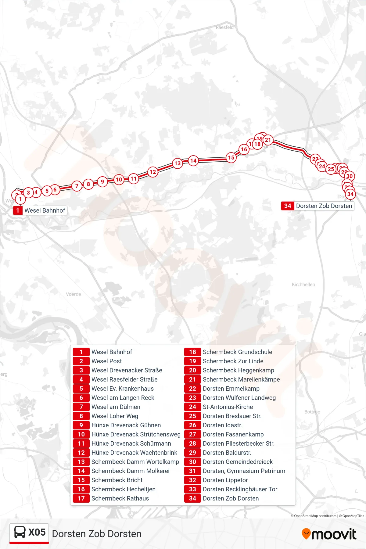 Linie X05 (Bus) Richtung Dorsten Zob Dorsten: Route und Haltestellen auf der Karte