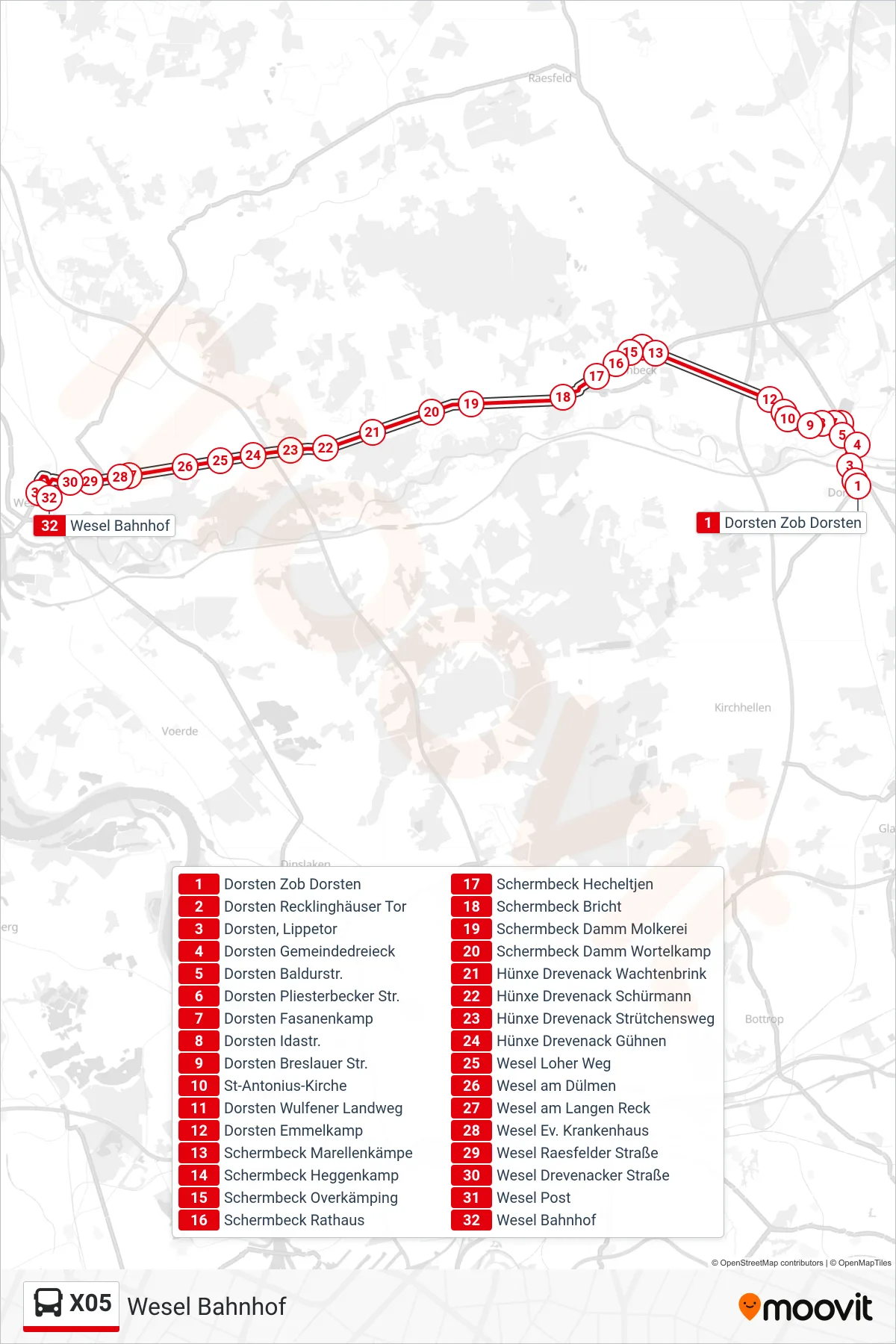 X05 bus Line (Wesel Bahnhof) route and stops on a map