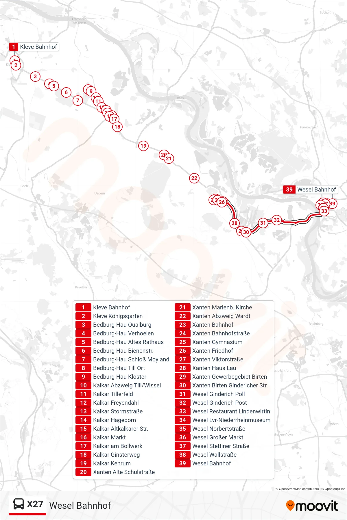 X27 bus Line (Wesel Bahnhof) route and stops on a map