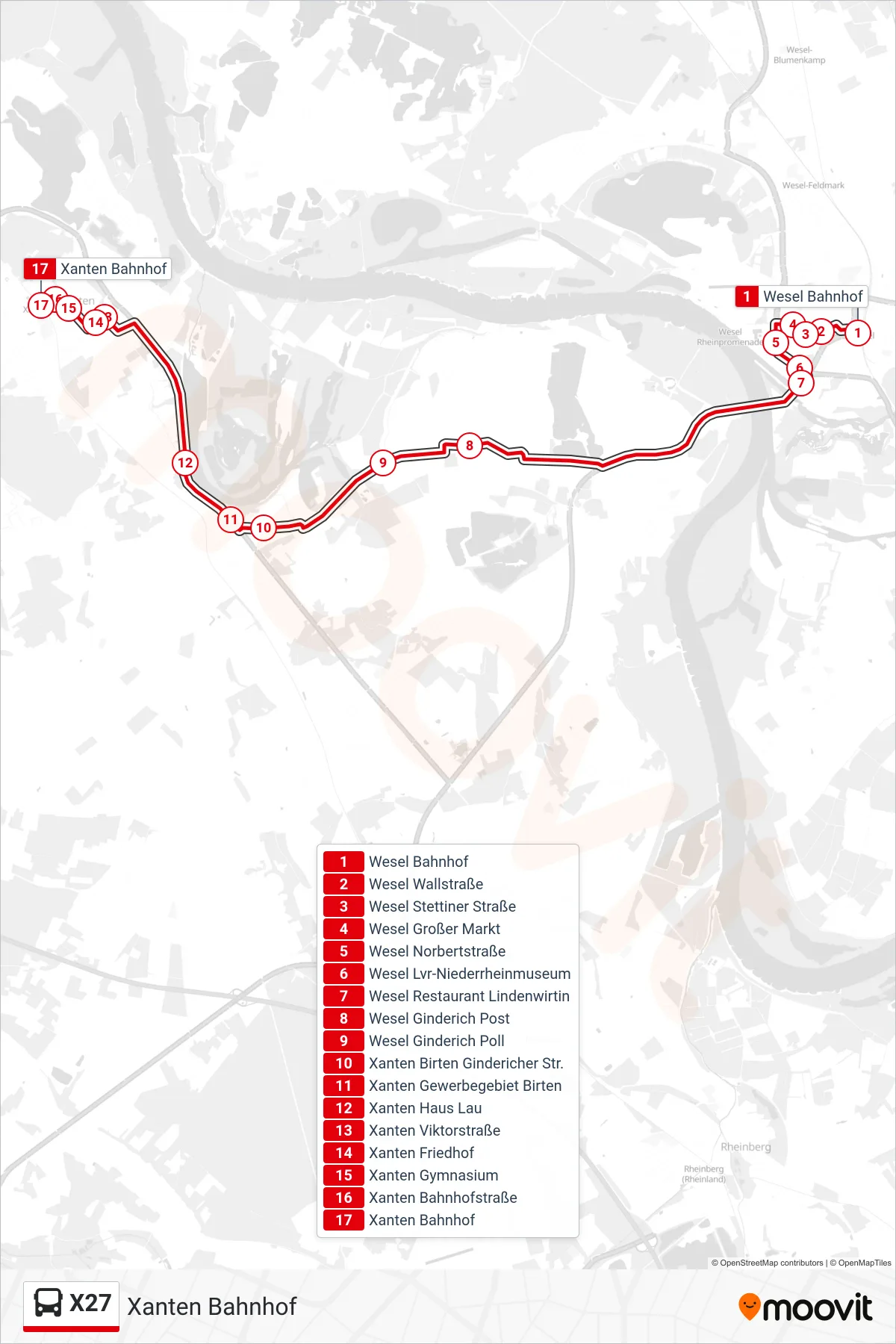 Linie X27 (Bus) Richtung Xanten Bahnhof: Route und Haltestellen auf der Karte
