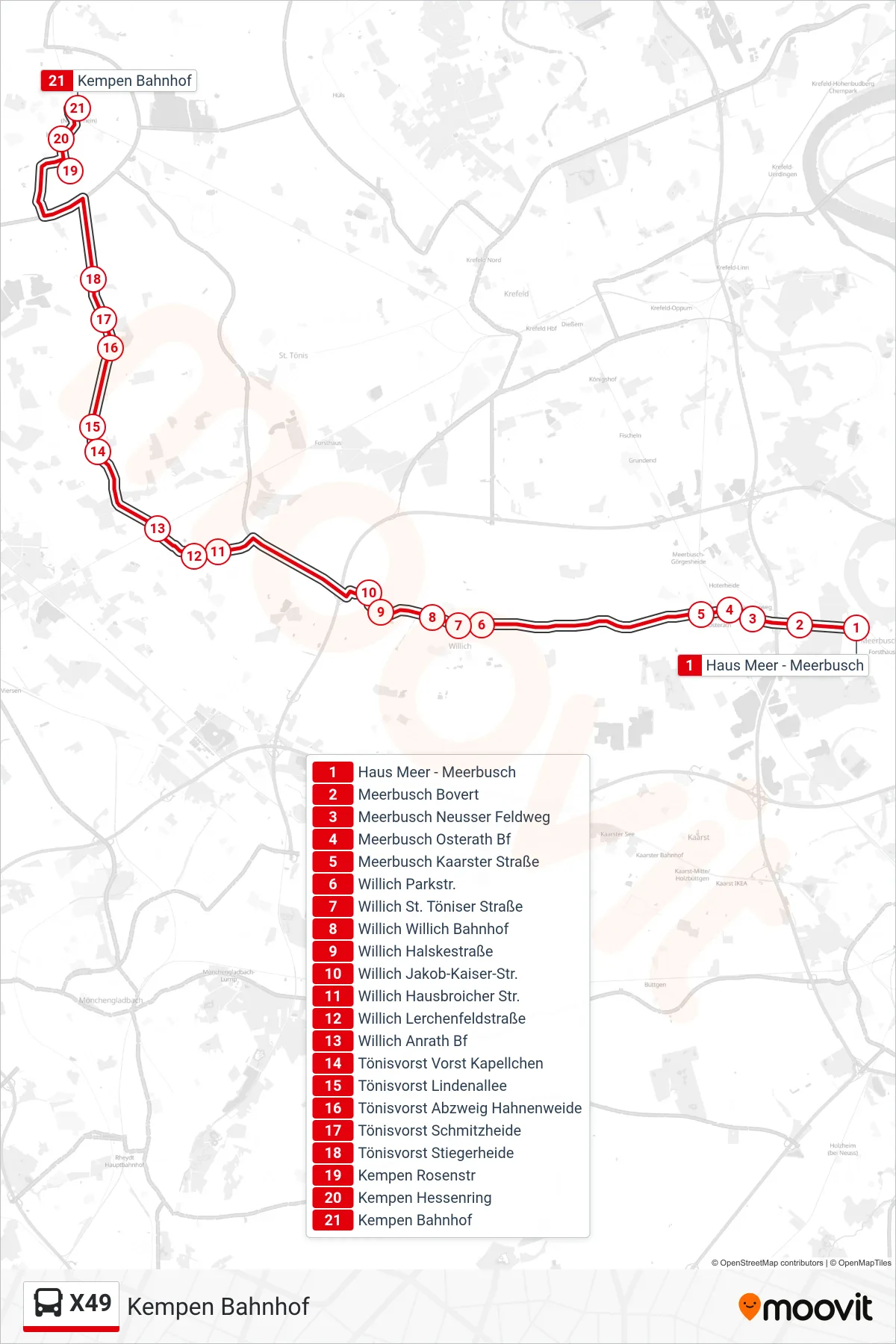 X49 bus Line (Kempen Bahnhof) route and stops on a map