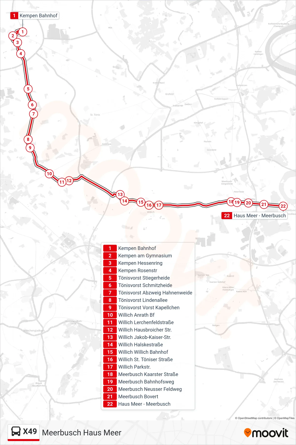 X49 bus Line (Meerbusch Haus Meer) route and stops on a map