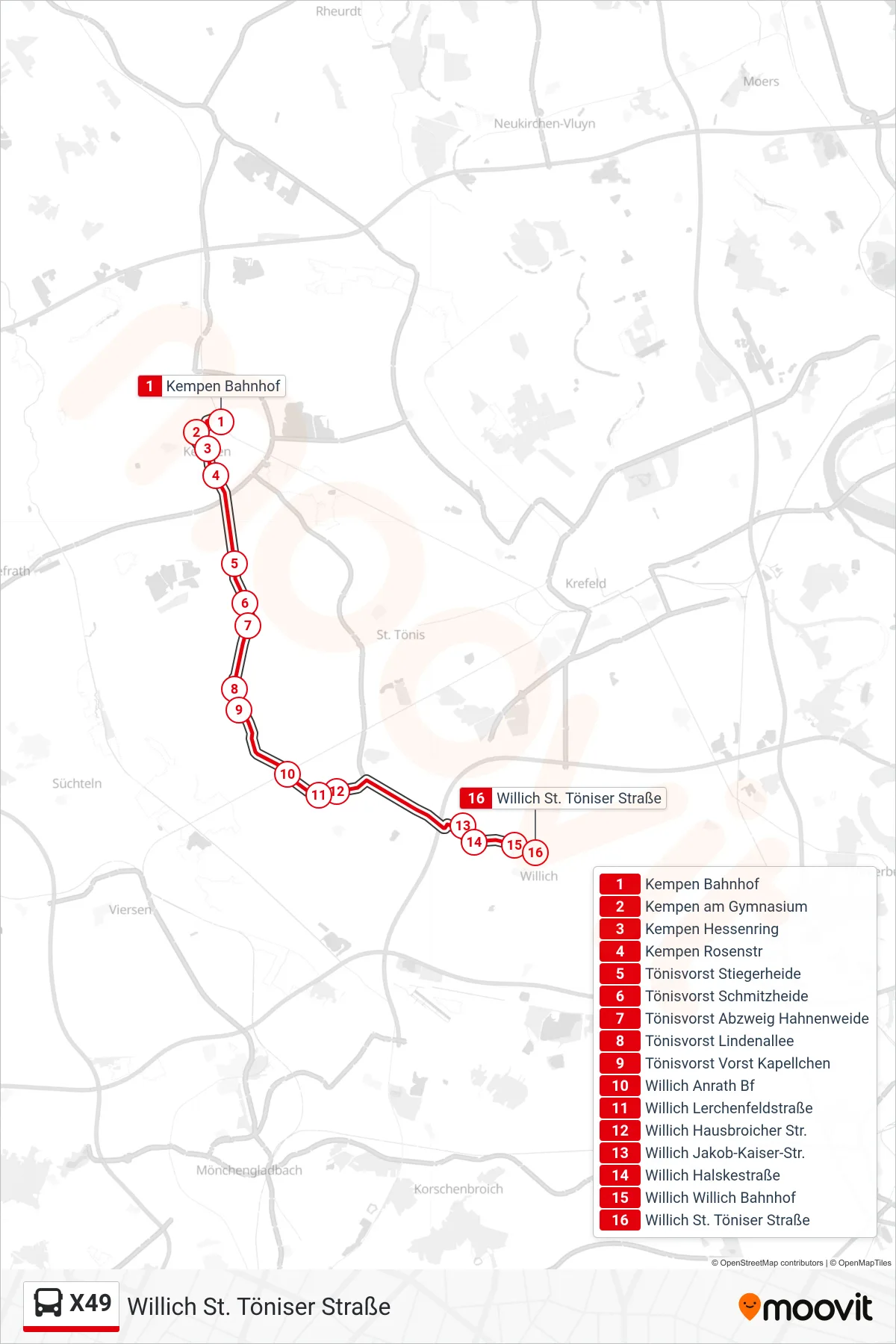 Linie X49 (Bus) Richtung Willich St. Töniser Straße: Route und Haltestellen auf der Karte