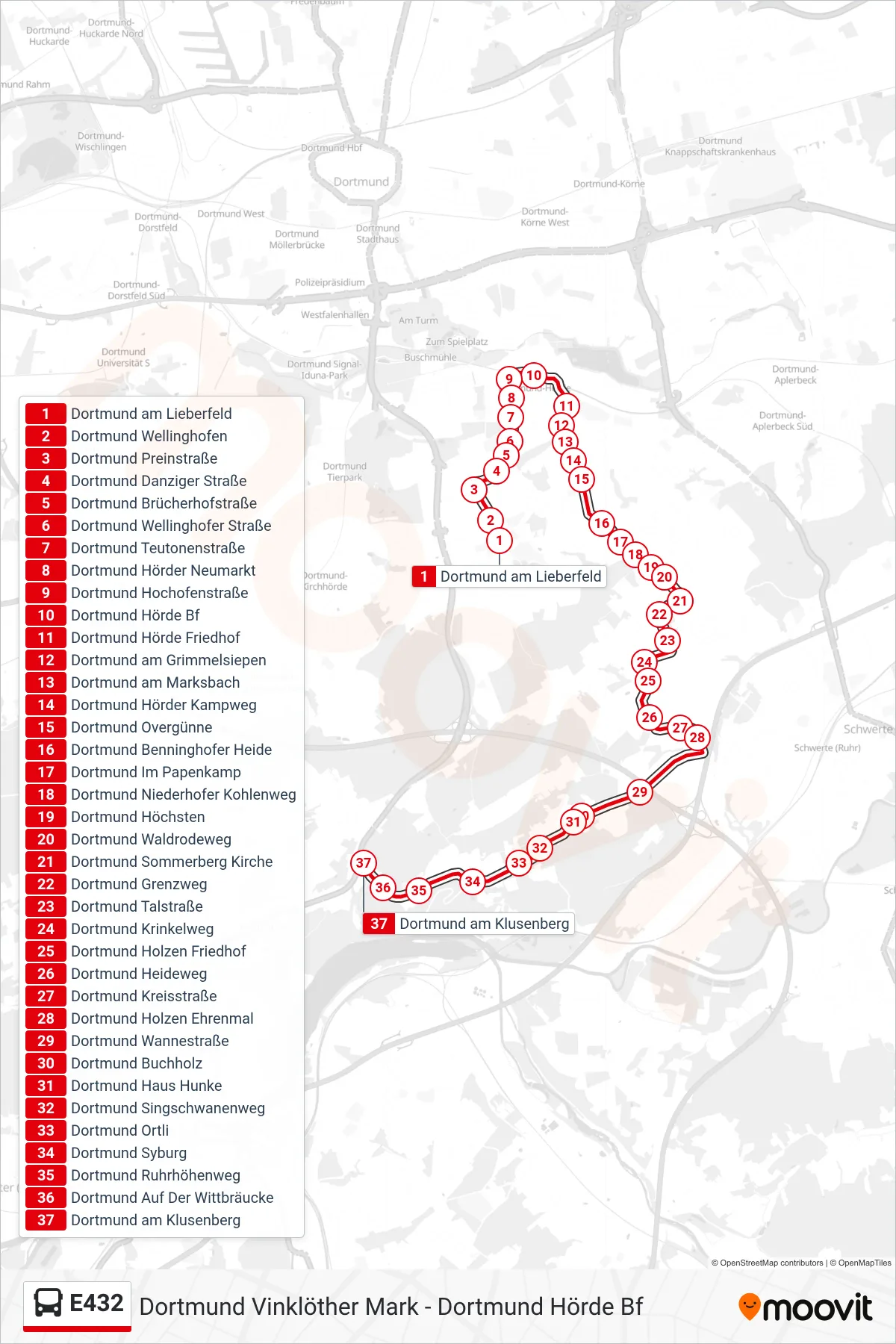 Linie E432 (Bus) Richtung Dortmund am Klusenberg: Route und Haltestellen auf der Karte