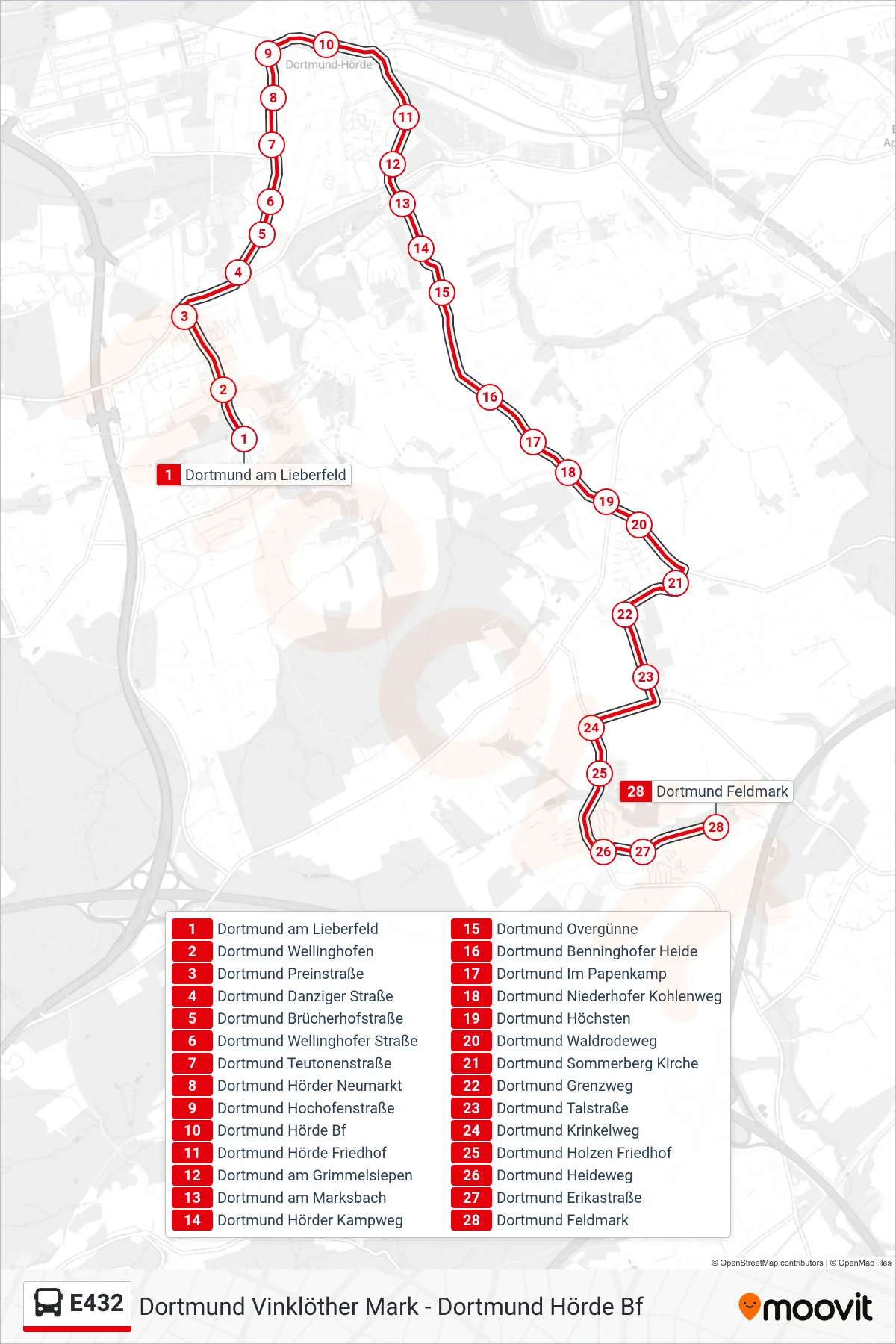 Linie E432 (Bus) Richtung Dortmund Feldmark: Route und Haltestellen auf der Karte