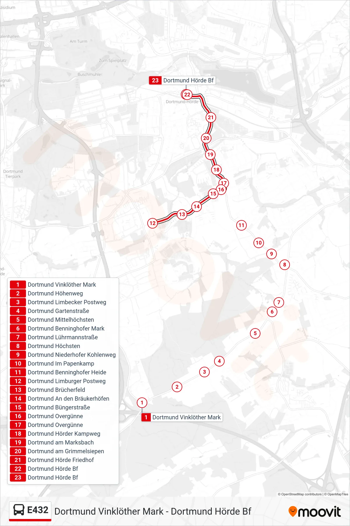 Linie E432 (Bus) Richtung Dortmund Hörde Bf: Route und Haltestellen auf der Karte