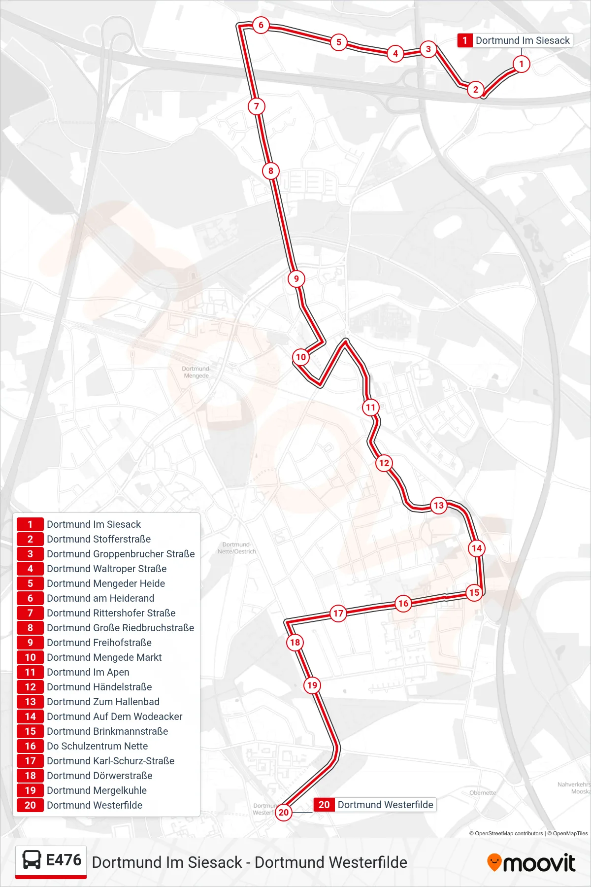 Linie E476 (Bus) Richtung Dortmund Westerfilde: Route und Haltestellen auf der Karte