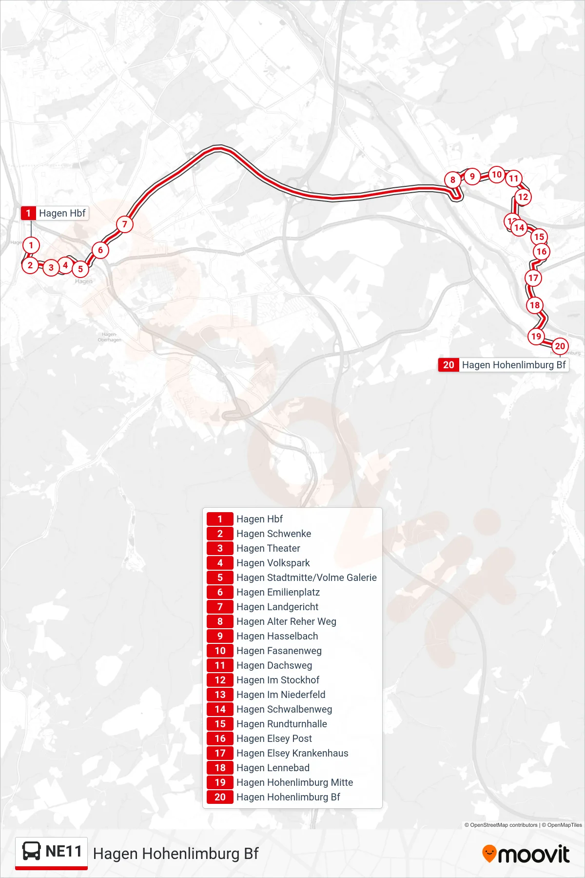 Linie NE11 (Bus) Richtung Hagen Hohenlimburg Bf: Route und Haltestellen auf der Karte