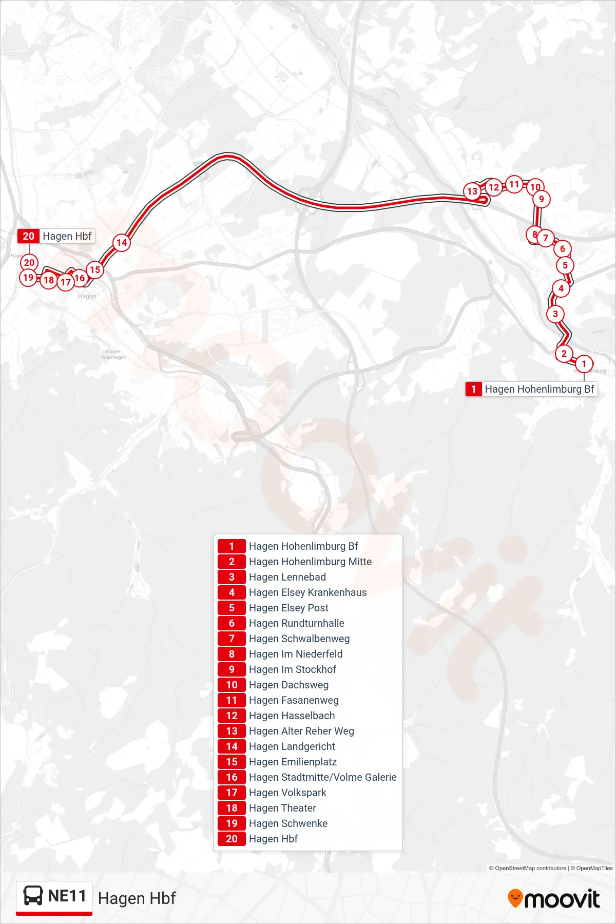 NE11 bus Line (Hagen Hbf) route and stops on a map