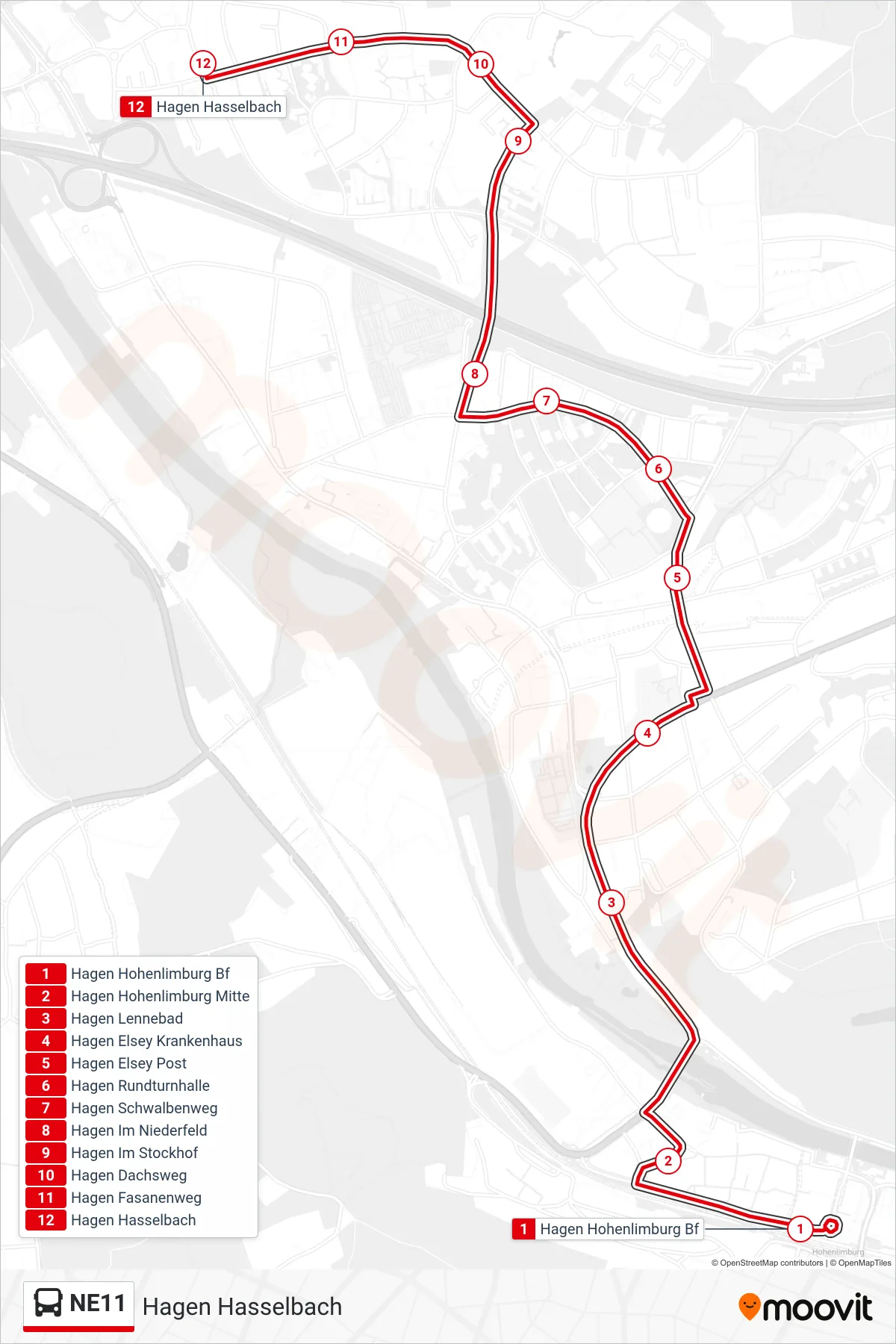 NE11 bus Line (Hagen Hasselbach) route and stops on a map